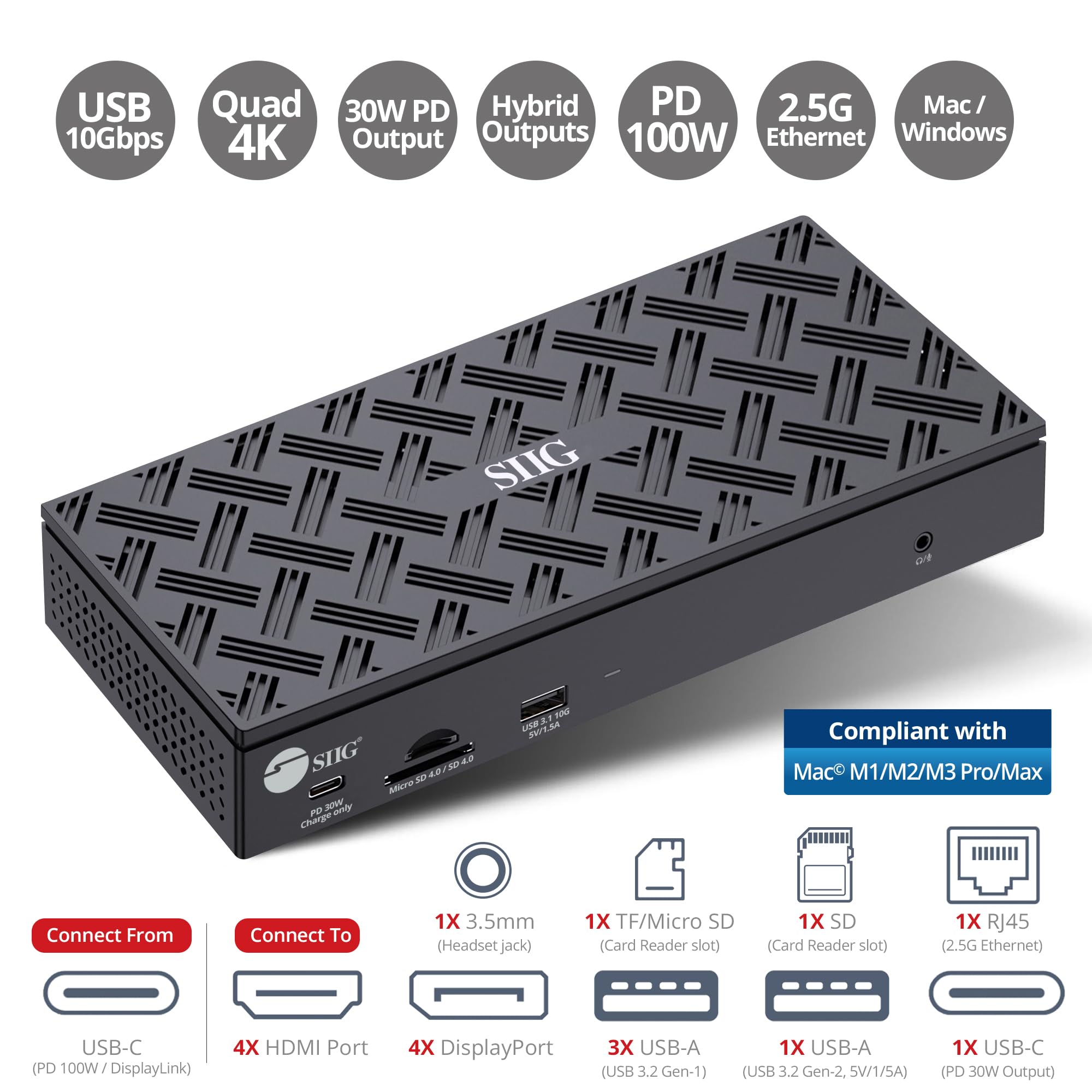 Siig Universal Usb C Dock 4K 60Hz Quad Monitor Displayport And Hdmi With Laptop Charging Thunderbolt 3 Compatible Ethernet 100W