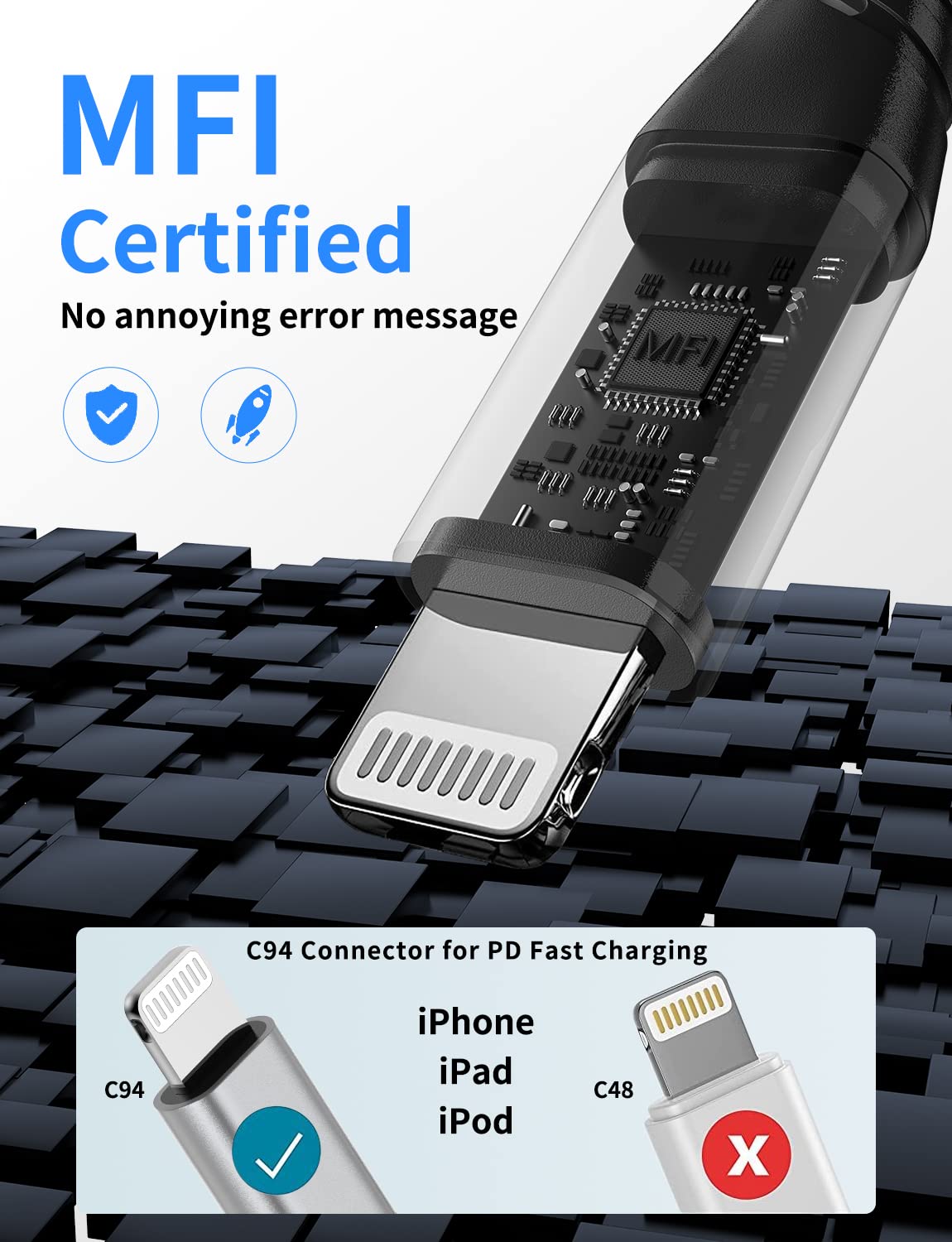 PEAKLIFT USB C to Lightning Cable 1FT - 3 Pack, Braided, Fast Charging, Black, Model PEAKLIFT-USBC-LIGHTNING-1FT-3PACK