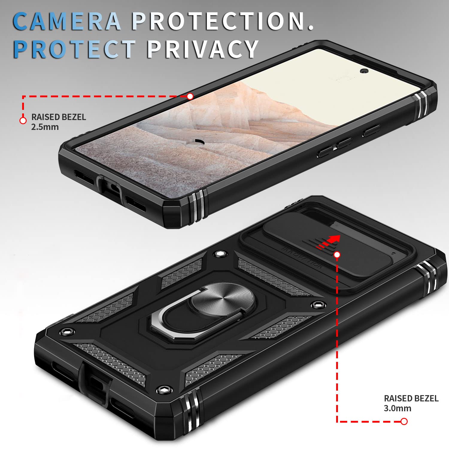 Fetrim Google Pixel 6 Pro Case   Black, Dual Layer Shockproof, Camera Cover, Rotation Ring Stand, Magnetic Car Mount