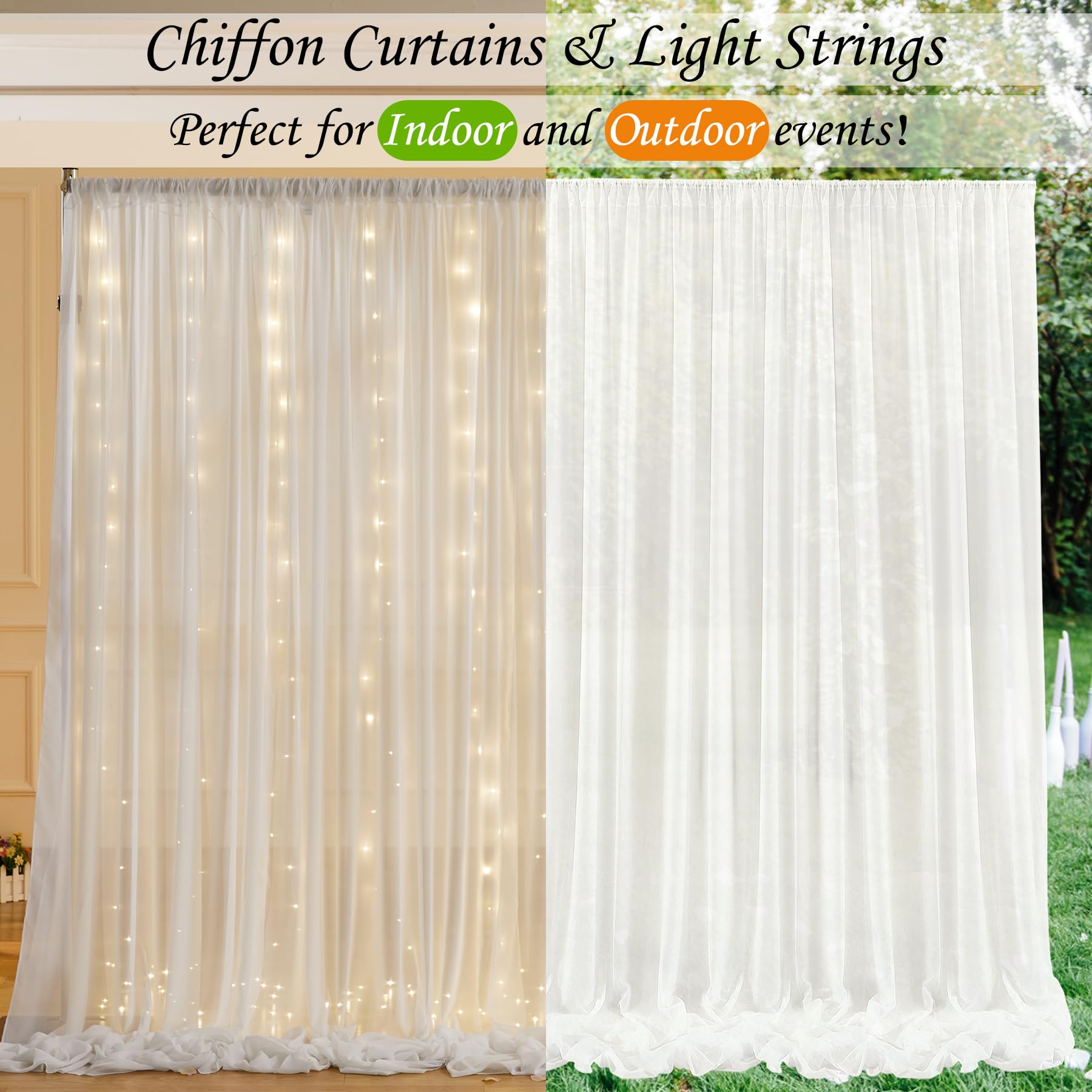 10Ft X 7Ft Cream White Chiffon Backdrop Curtain With Lights String For Parites Wedding Wrinkle Free Curtain Photo Backdrops Drap
