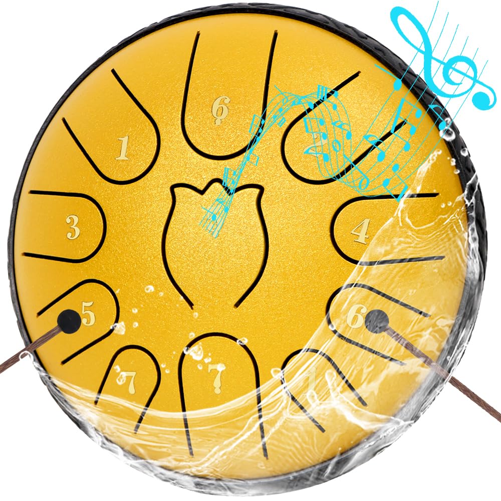 Steel Tongue Drum 6 Inche 11 Note Steel Drums Rain Chime,Raindrop Drum,Rain Drum for Outside Garden(Yellow)