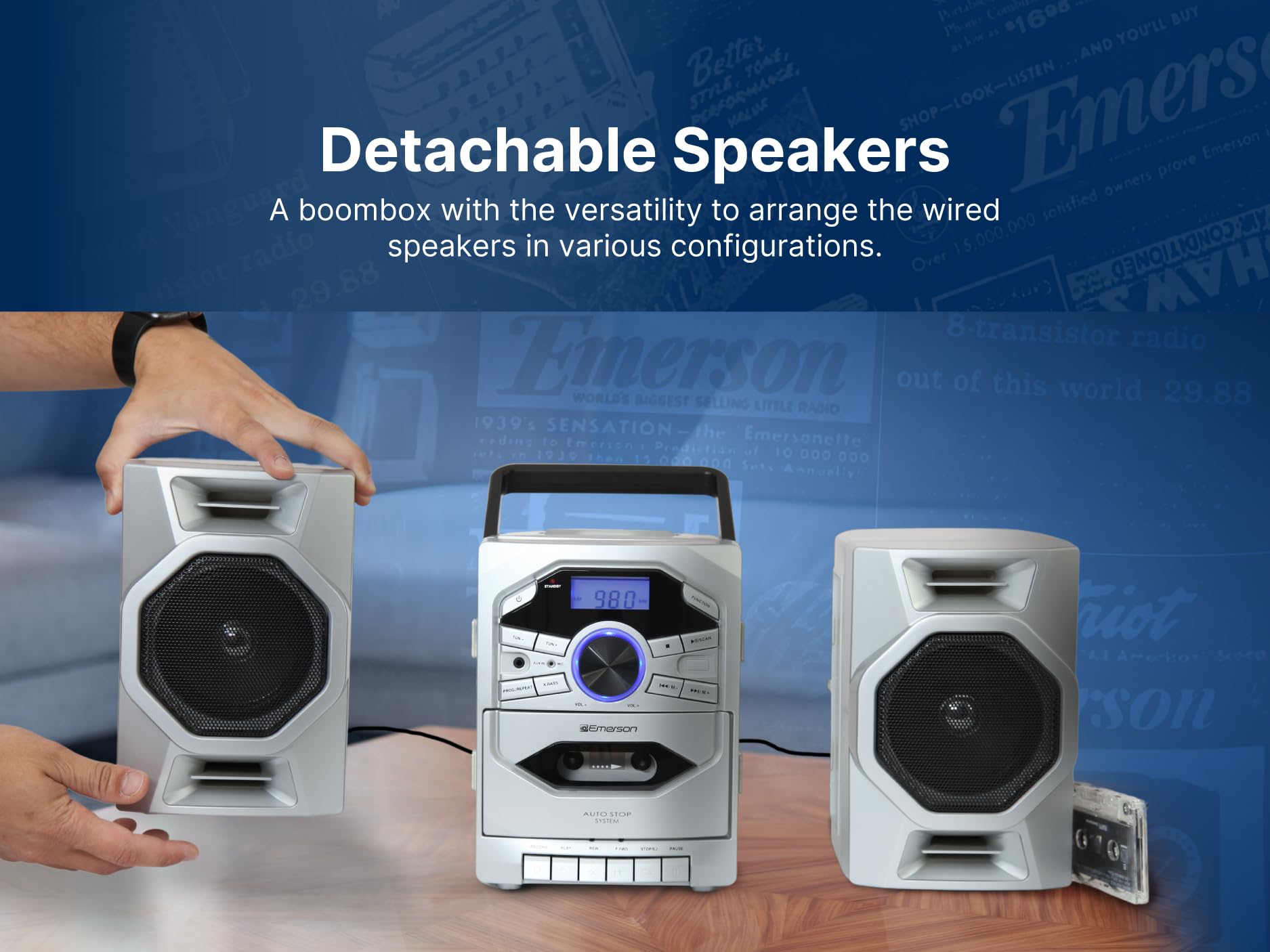 Emerson Portable Cd Player Boombox With Cassette Player, Tape Recorder, Am/Fm Radio, Mp3 Aux Input, Detachable Speakers, Ac/Dc &