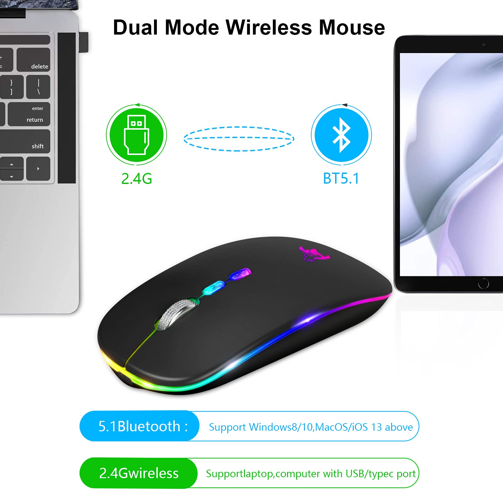 Hotlife Led Wireless Mouse, Slim Rechargeable Silent Bluetooth Mouse, Portable Usb Optical 2.4G Wireless Bluetooth Two Mode Comp