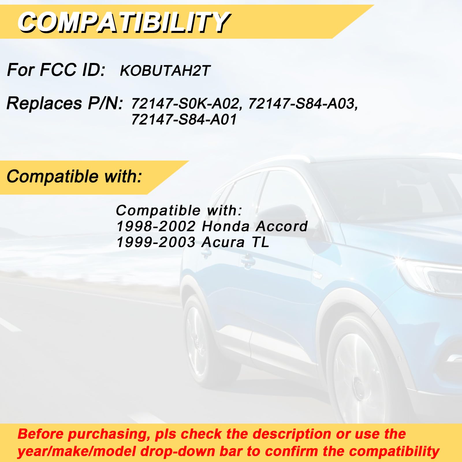 Vurkcy Key Fob Replacement For 1998-2002 Honda Accord/ 1999-2003 Acura Tl Car Keyless Entry Remote Control, Kobutah2T, 4 Buttons