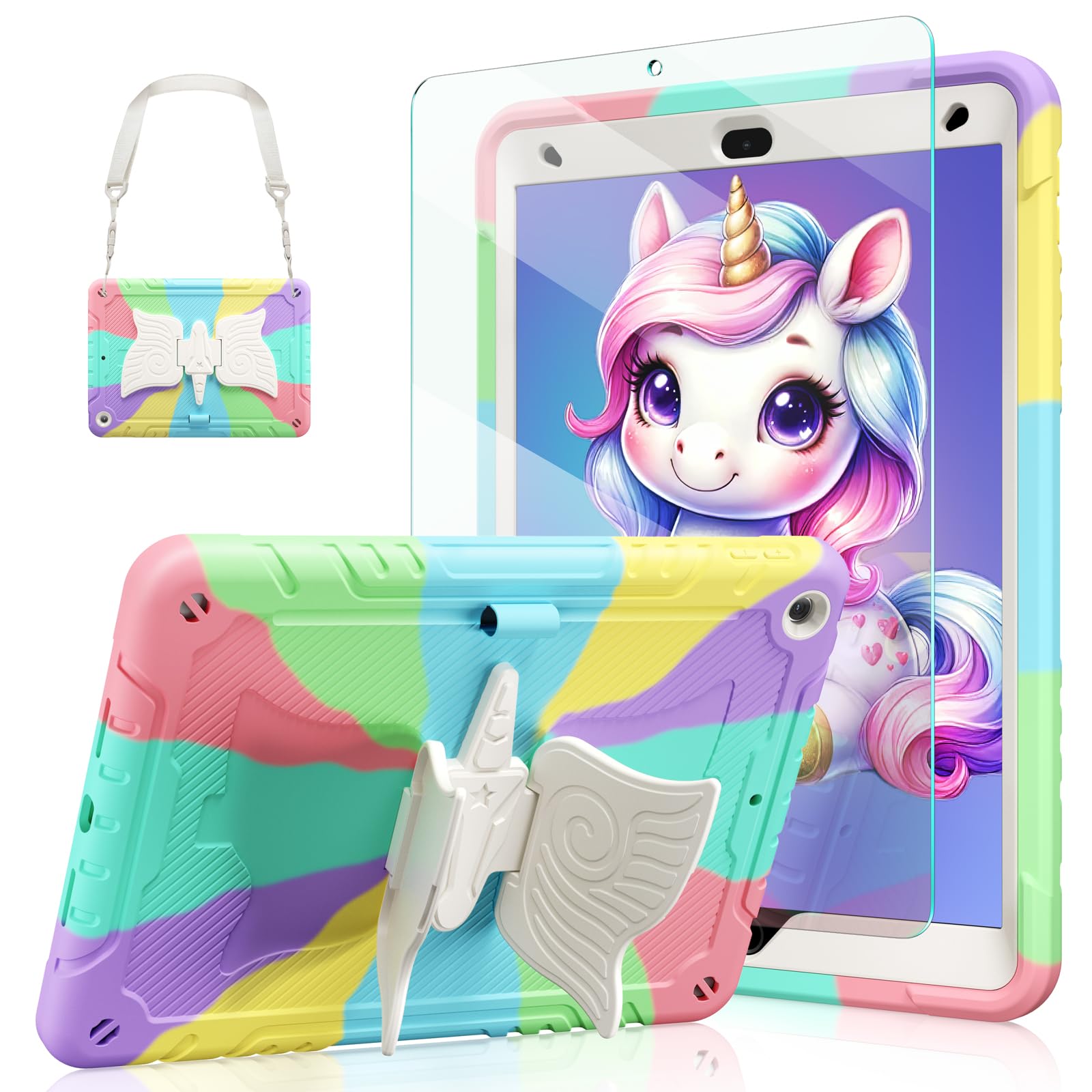 Ambison Case For Ipad 9Th/8Th/7Th Generation 10.2 Inch With Glass Screen Protector,Rugged Shockproof Protective Cover For Kids Girls Unicorn Stand,Shoulder Strap For Ipad 2021/2020/2019 Multipuple