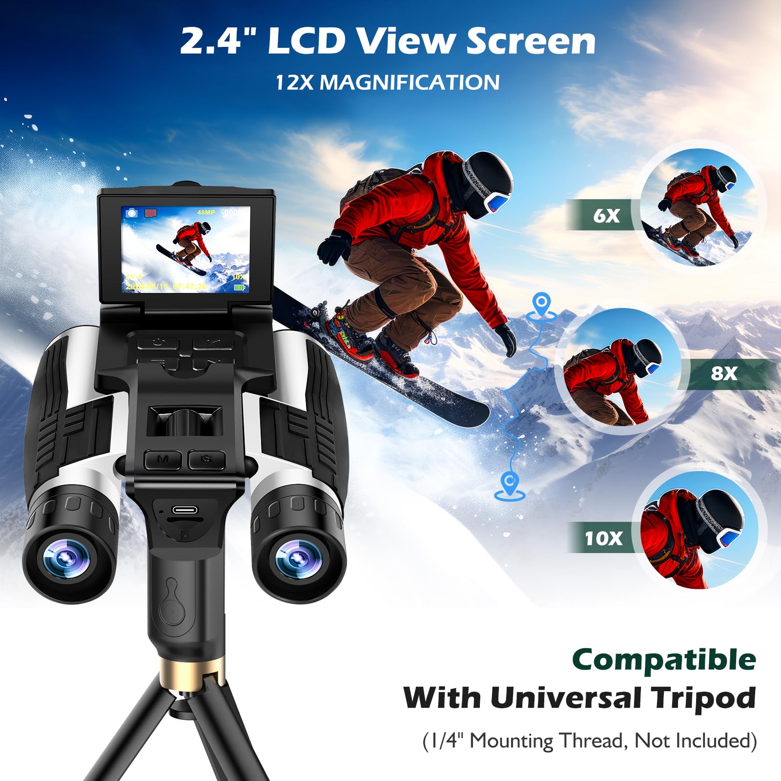 Binoculars Camera For Adults, 2.4'' Screen 12X Digital Zoom 48Mp Pictures 2.5K Videos Camera, Binoculars For Bird Watching Hunti