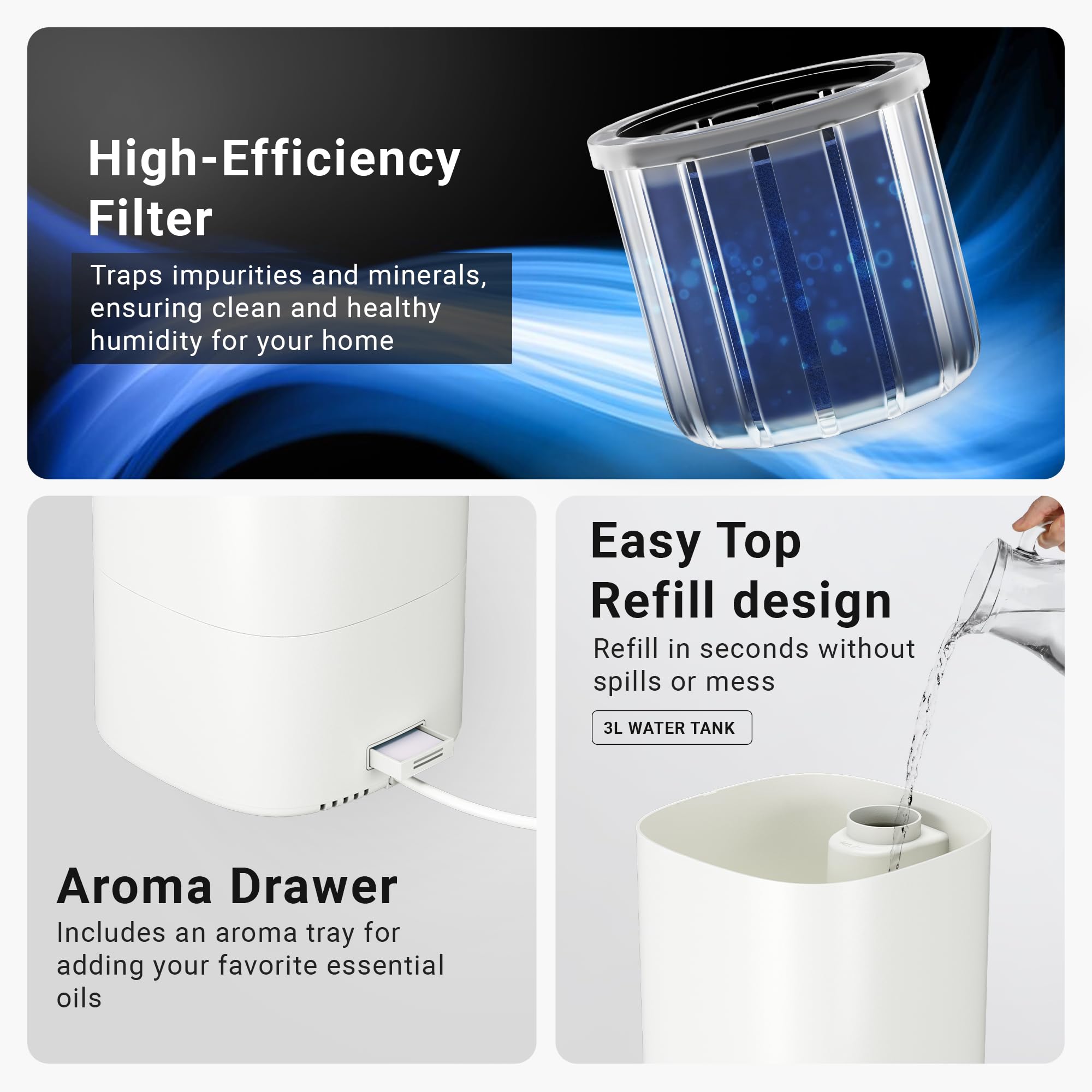 Miko Ultrasonic Humidifiers For Large Room & Bedroom  Water Filter, Auto Mode, No Leak Design, Sleep Mode, Built In Timer, Humid