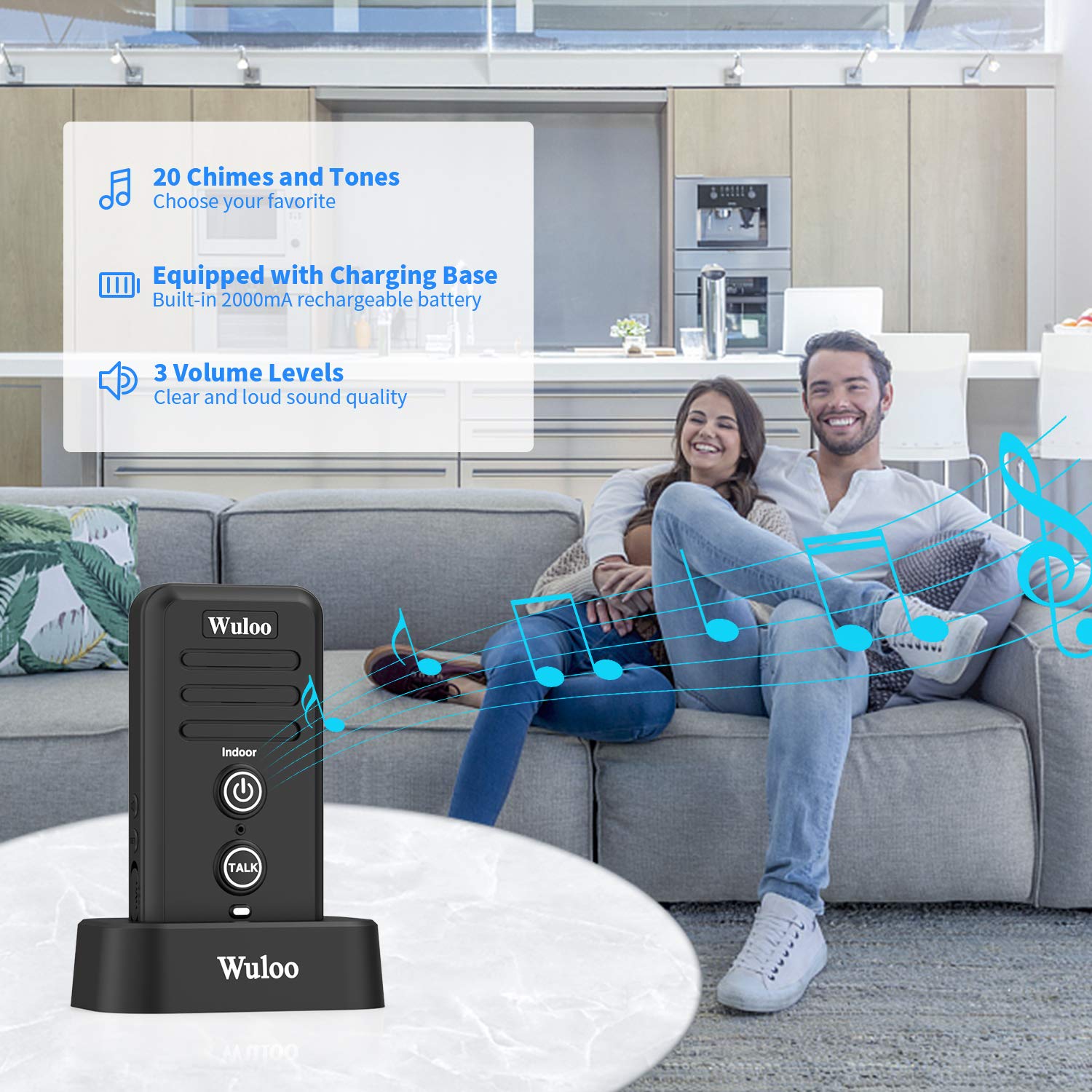 Wuloo Wireless Intercom Doorbells For Home Classroom, Intercomunicador Waterproof Electronic Doorbell Chime With 1/2 Mile Range 3 Volume Levels Rechargeable Battery (Black, 2&2)