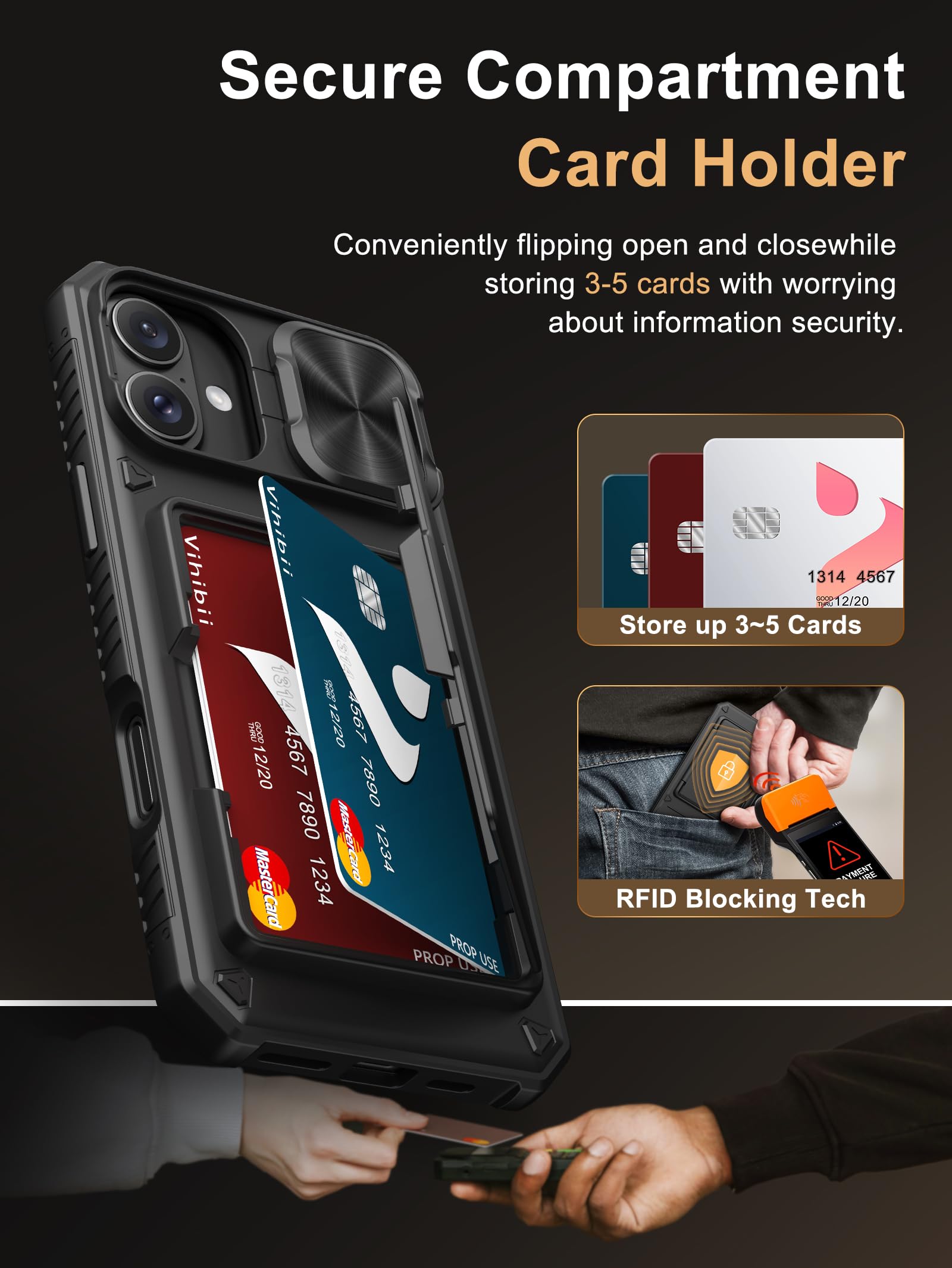 Vihibii For Iphone 16 Plus Case Wallet With Card Holder (4 Cards) [Rfid Blocking] & Slide Camera Cover, Military Grade Drop Prot