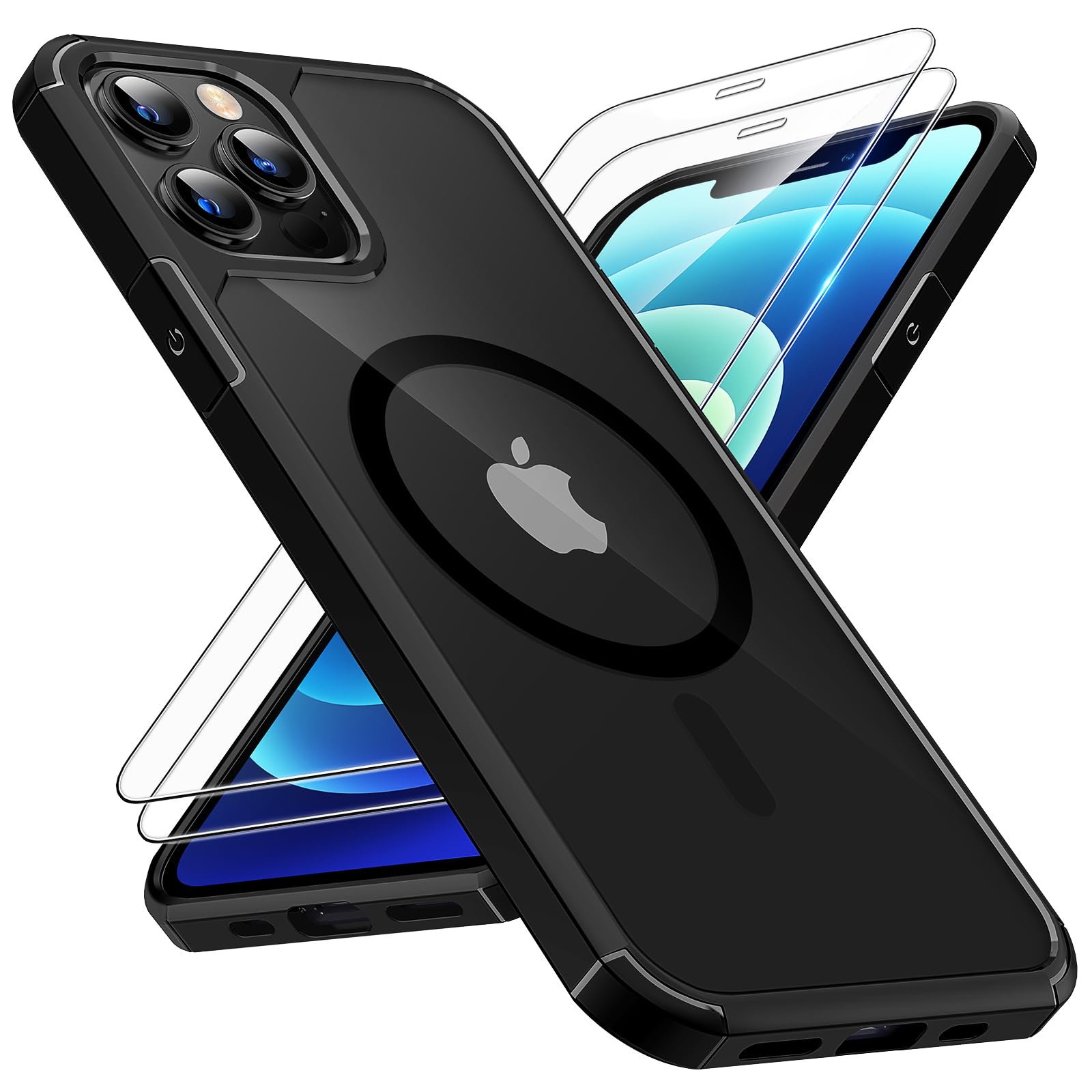 Tauri For Iphone 12 Pro Max Case Black, Compatible With Magsafe [Yellowing Resistant] With 2X Screen Protectors, Military Grade