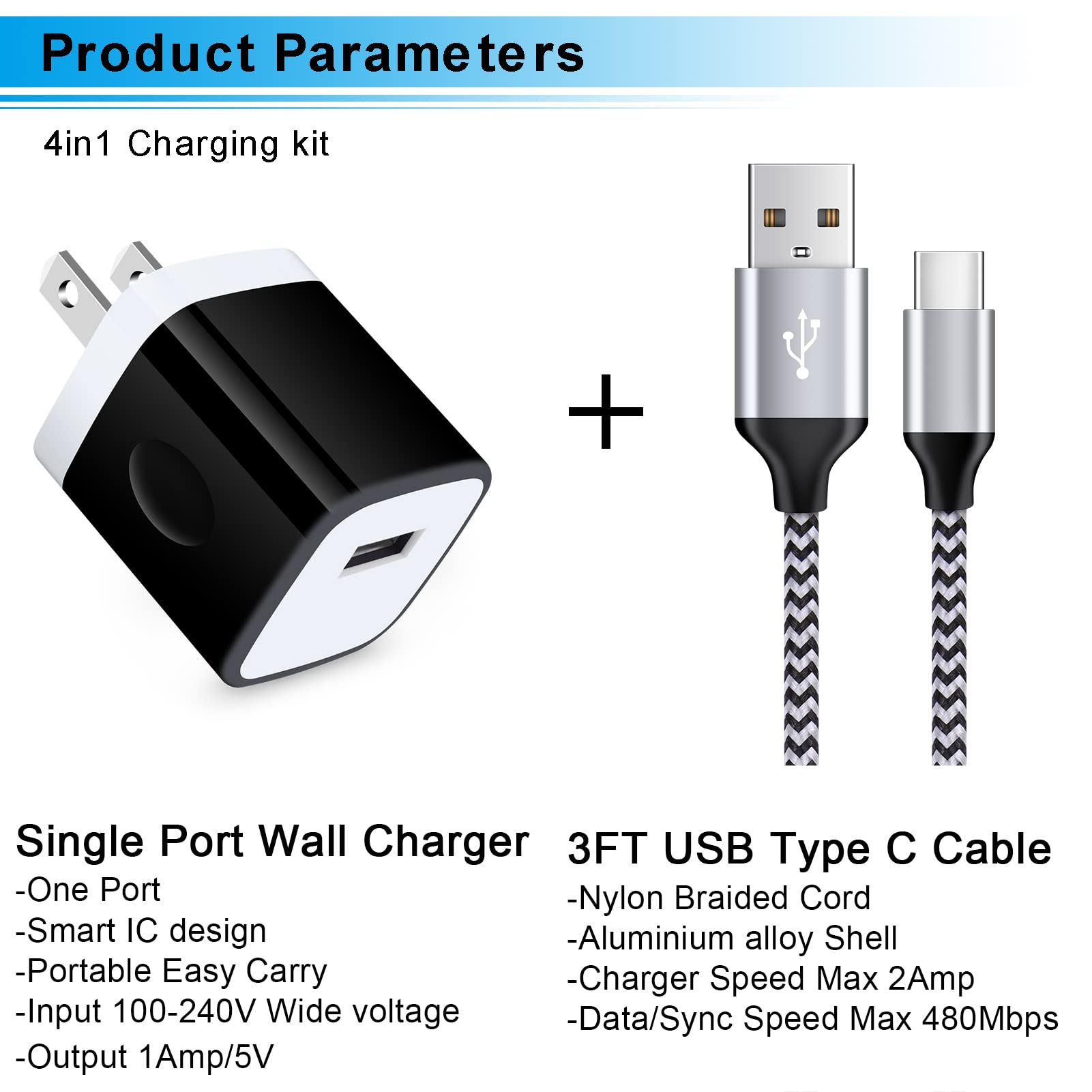 Type C Charger Fast Charging Block 5V/1A Wall Charger Box Plug Cube Brick With C Charger Cable 3Ft Usb Type C Cable Cord For Sam