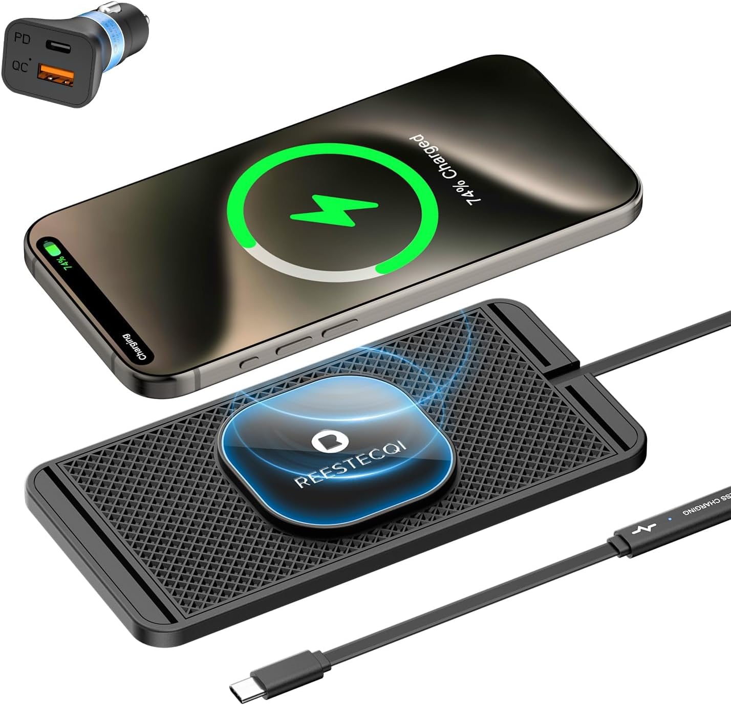 Magnetic Wireless Car Charger Pad, REESTECQI 15W Wireless Charging Pad for Magsafe Charger Non Slip Type C with 40W Car Charger 