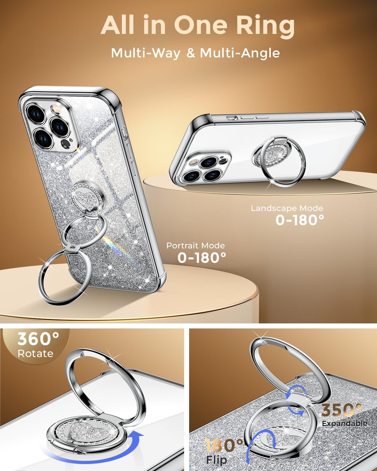 Xyz For Iphone 15 Pro Max Case With Stand, Phone Case With Double Ring Kickstand, Women Girl Cute Love Heart Luxury Bling Tectiv
