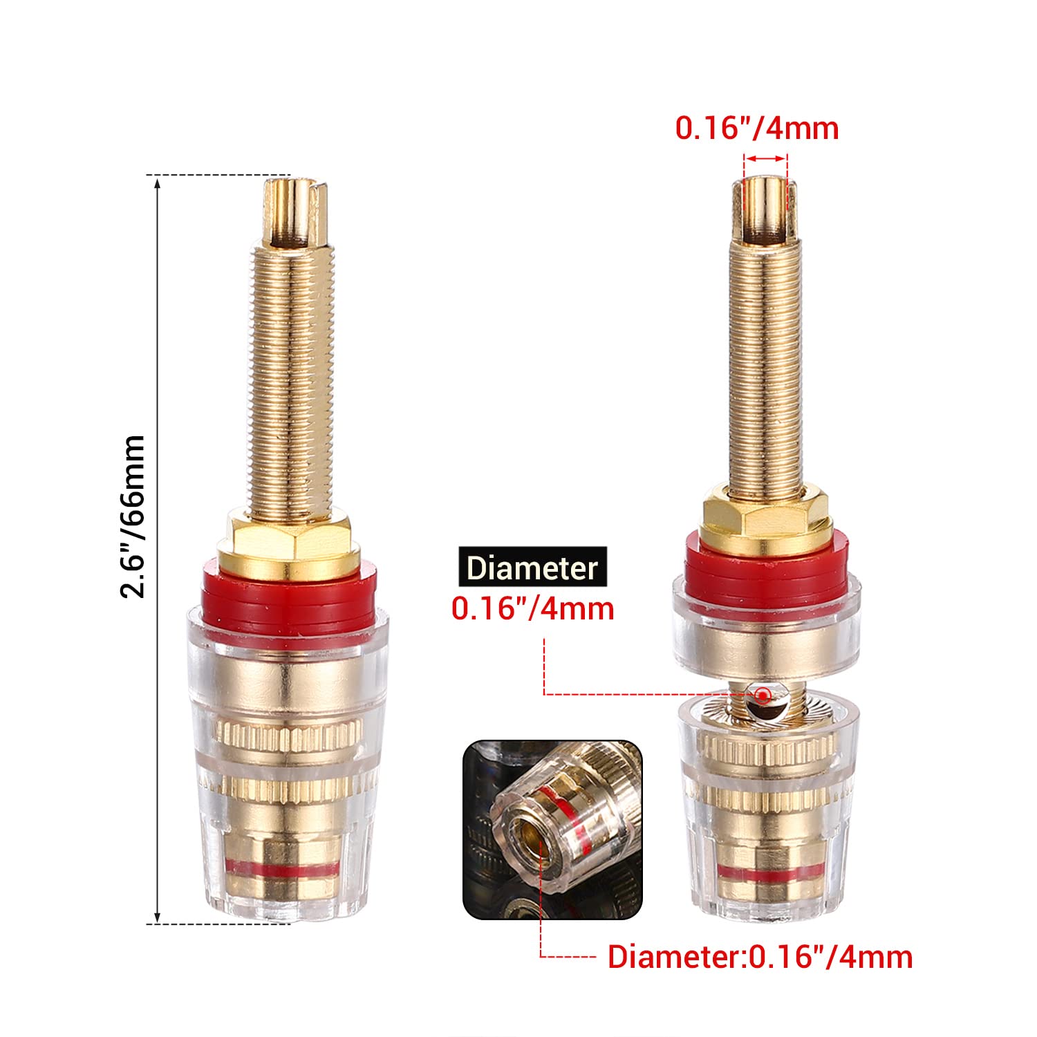 Facmogu 4Pcs Black & Red Heavy Duty 5 Way Binding Post Banana Jacks 4Mm, 24K Gold Plated Sold Brass Insulated Binding Post Banan