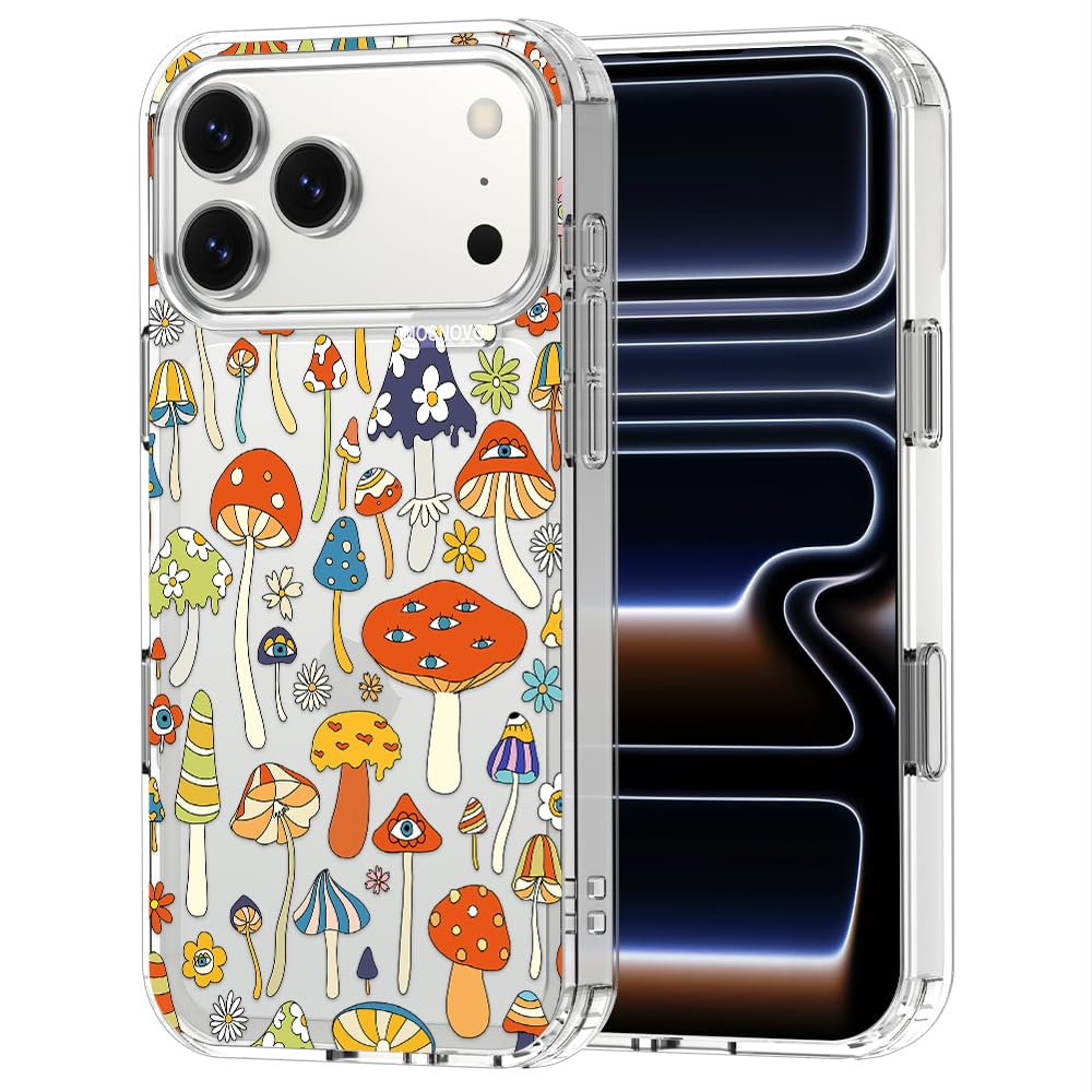 MOSNOVO for iPhone 17 Pro Max Case | Military Grade 6.6ft Drop Tested | Camera Control | Clear with Mushroom Art Design