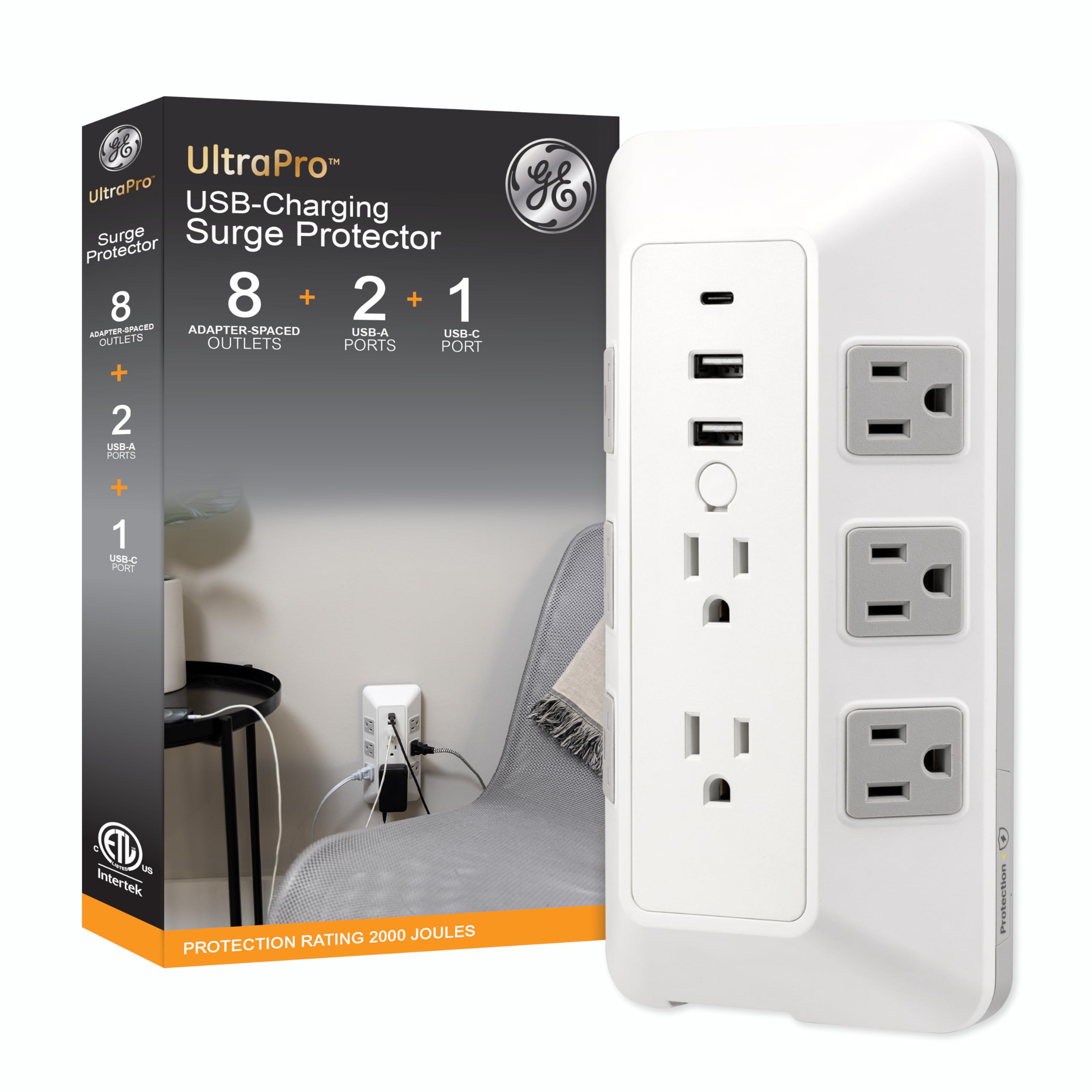 Ge 8 Outlet Surge Protector With Usb, Outlet Extender, 2 Usb A, 1 Usb C, Adapter Spaced, For Home School And Office, 2000J, Whit