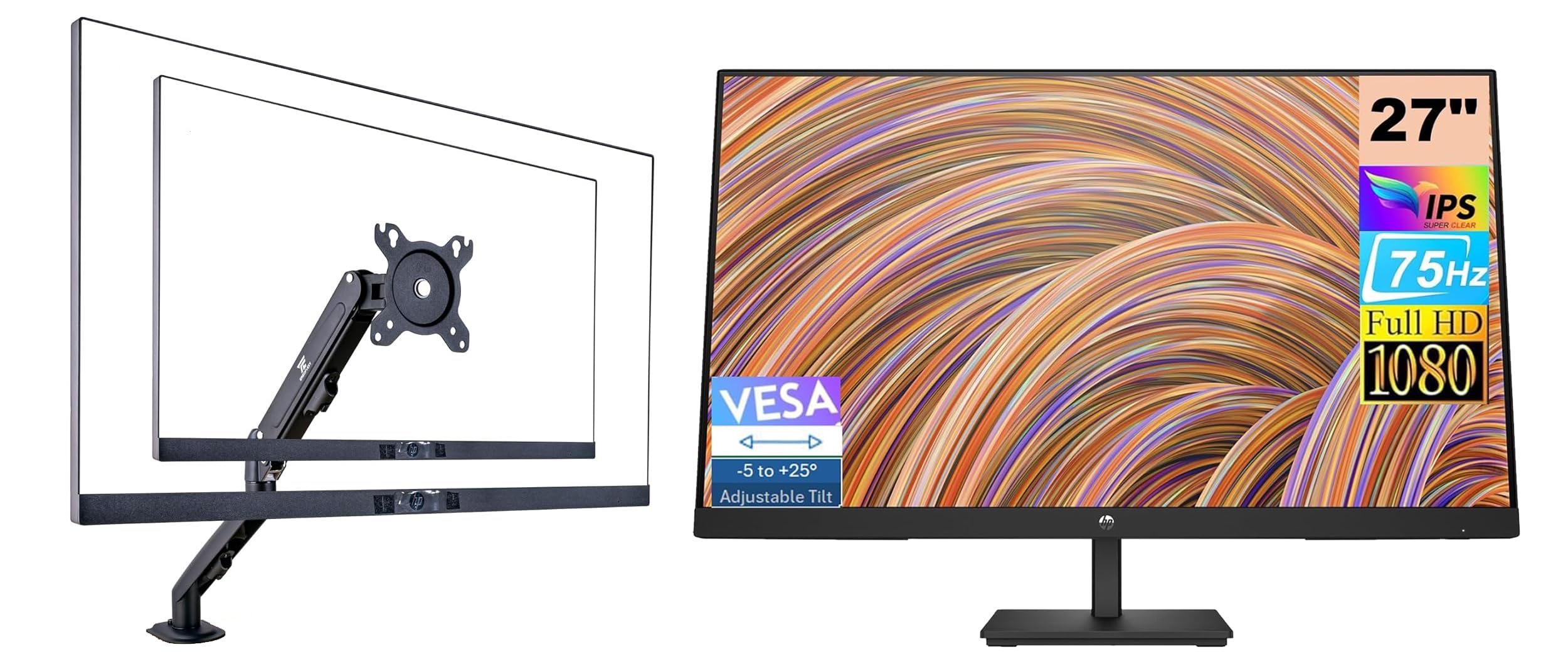 Hp V27 G5 Fhd Ips Monitor 65P64Aa#Aba Bundle With Ergoflexy Dual Monitor Mount, Fhd Ips (1920X1080) 75Hz Display, 1 Hdmi 1.4, 1 