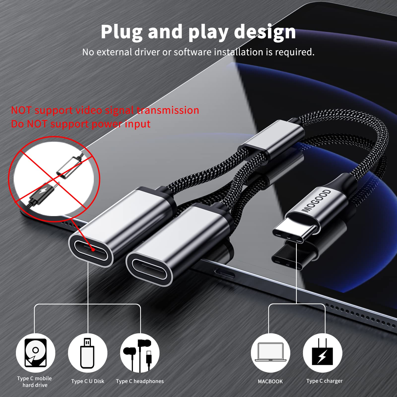 Mogood Usb C To Dual Usb C Female Adapter, 2 Ports, Not For Monitor And Charging, Incredibly Durable, Super Fit, 5V/0.9A Power Output