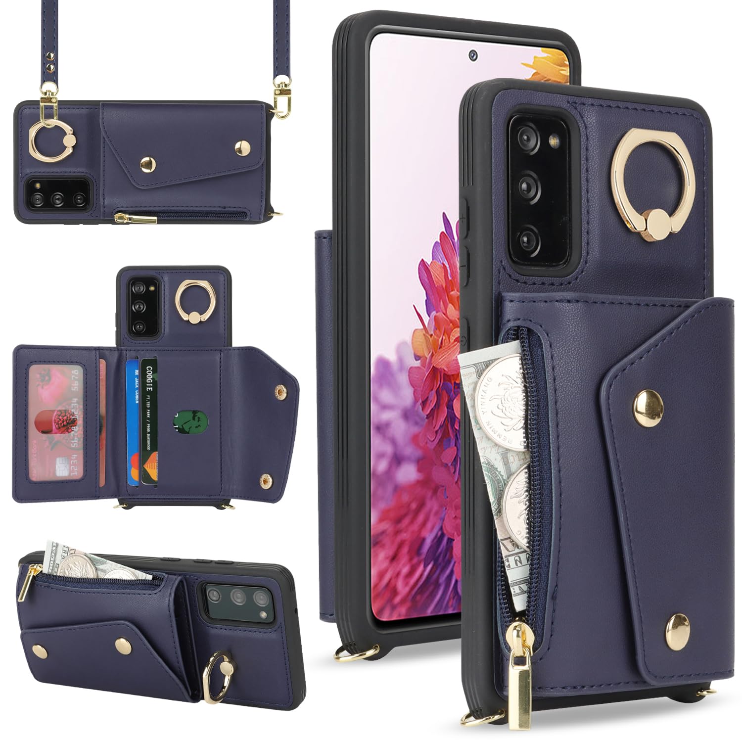 Lipvina For Samsung Galaxy S20 Fe Case With Card Holder And Strap - Zipper Pocket,Crossbody Lanyard Strap,Credit Card Holder,Sta