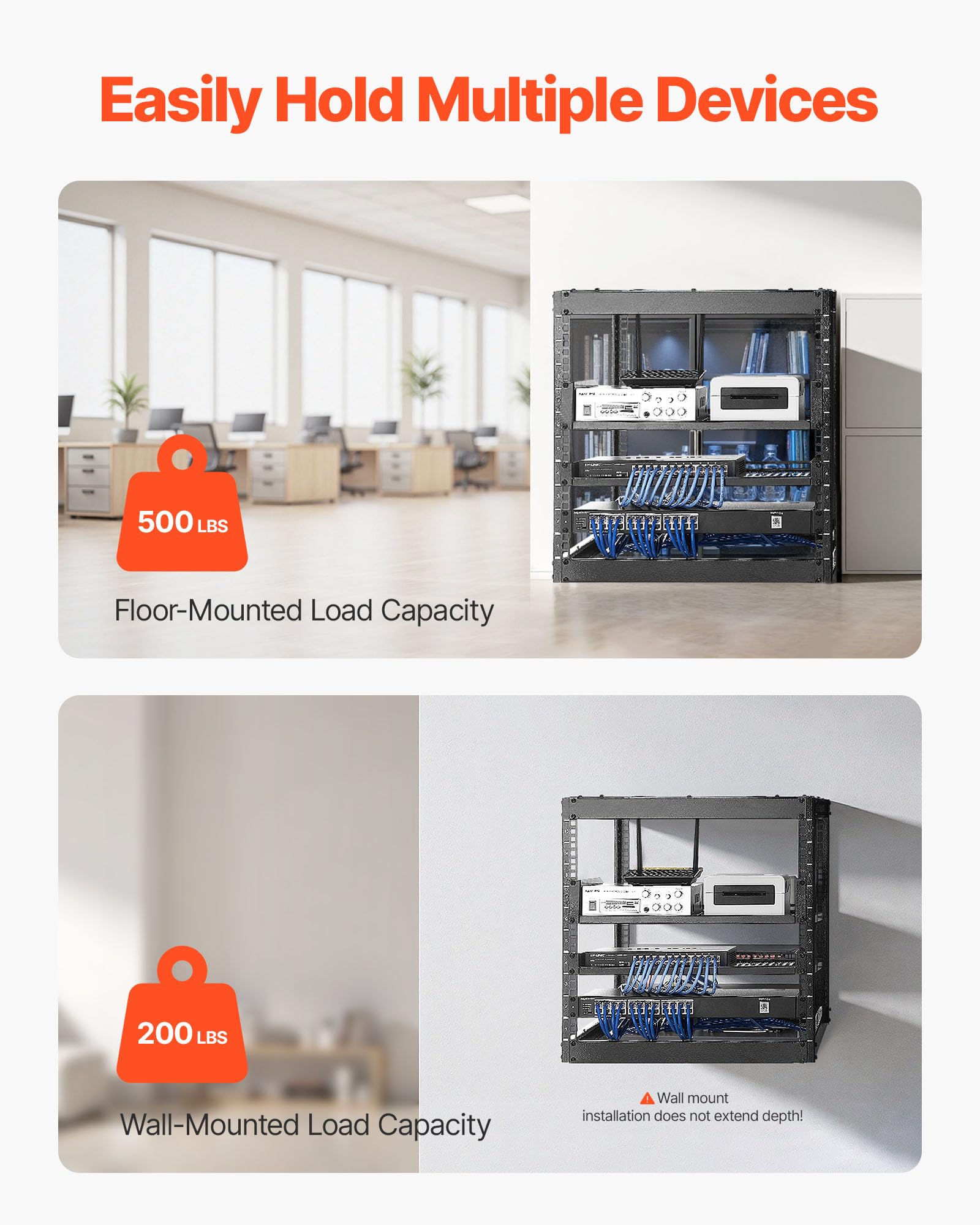 Vevor 10U Server Rack, Open Frame Network Rack,4-Post Floor Standing Or Wall Mounted, Includes 2Pcs Vented 1U Rack Shelves & Mou