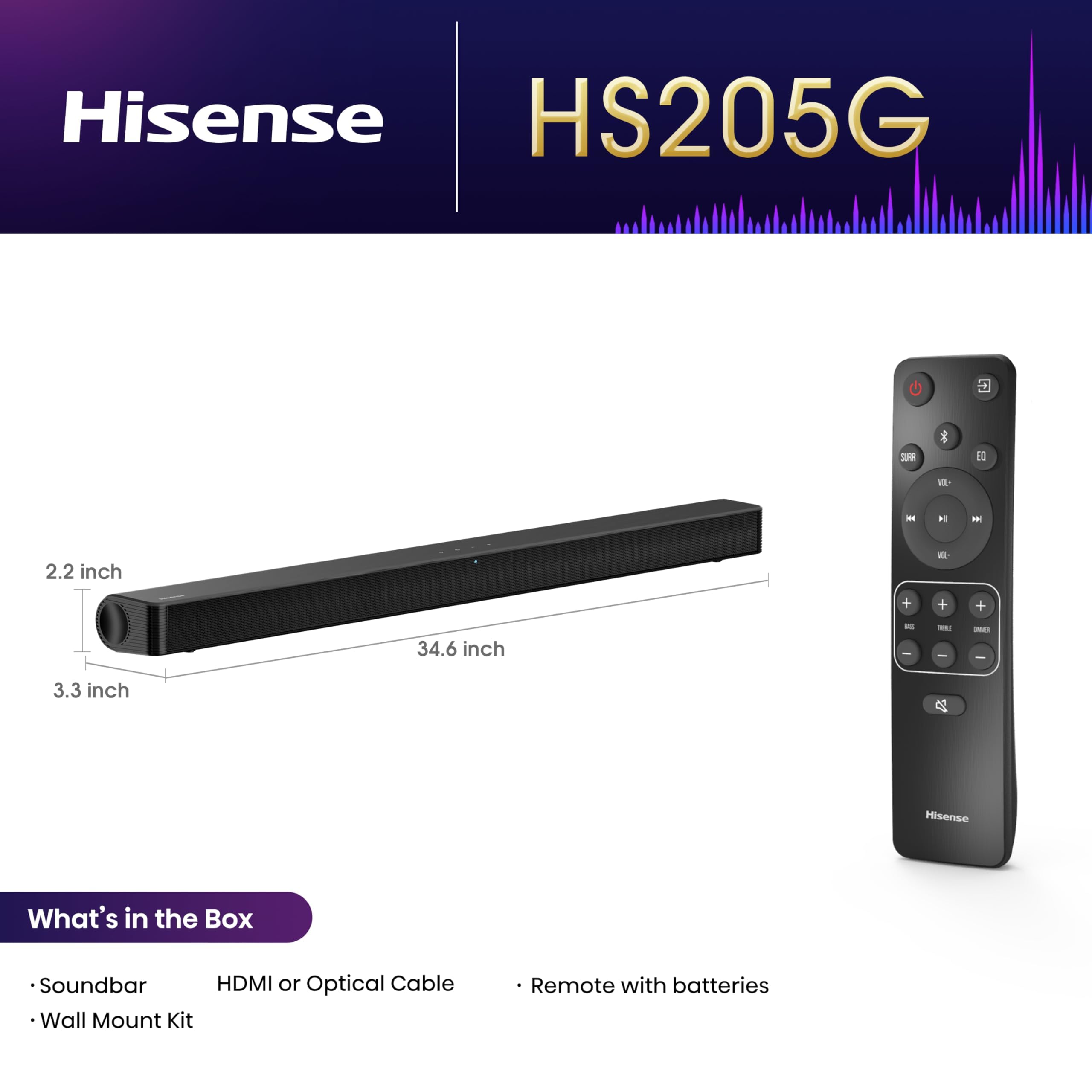 Hisense Hs205G 2.0Ch Sound Bar, 120W, Dts Virtual: X, Dolby Audio, Hdmi/Arc/Optical/Usb, Bluetooth, Roku Tv Ready, Black (Hs205G