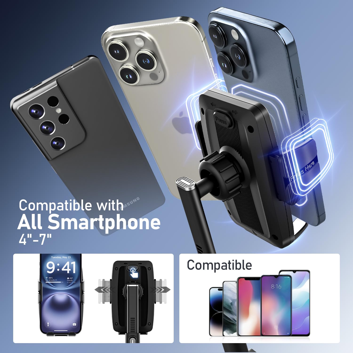 Ksyer Rear View Mirror Phone Holder,Rotatable And Retractable Phone Holders For Your Car, 360 Rotating Adjustable Cell Phone Mou