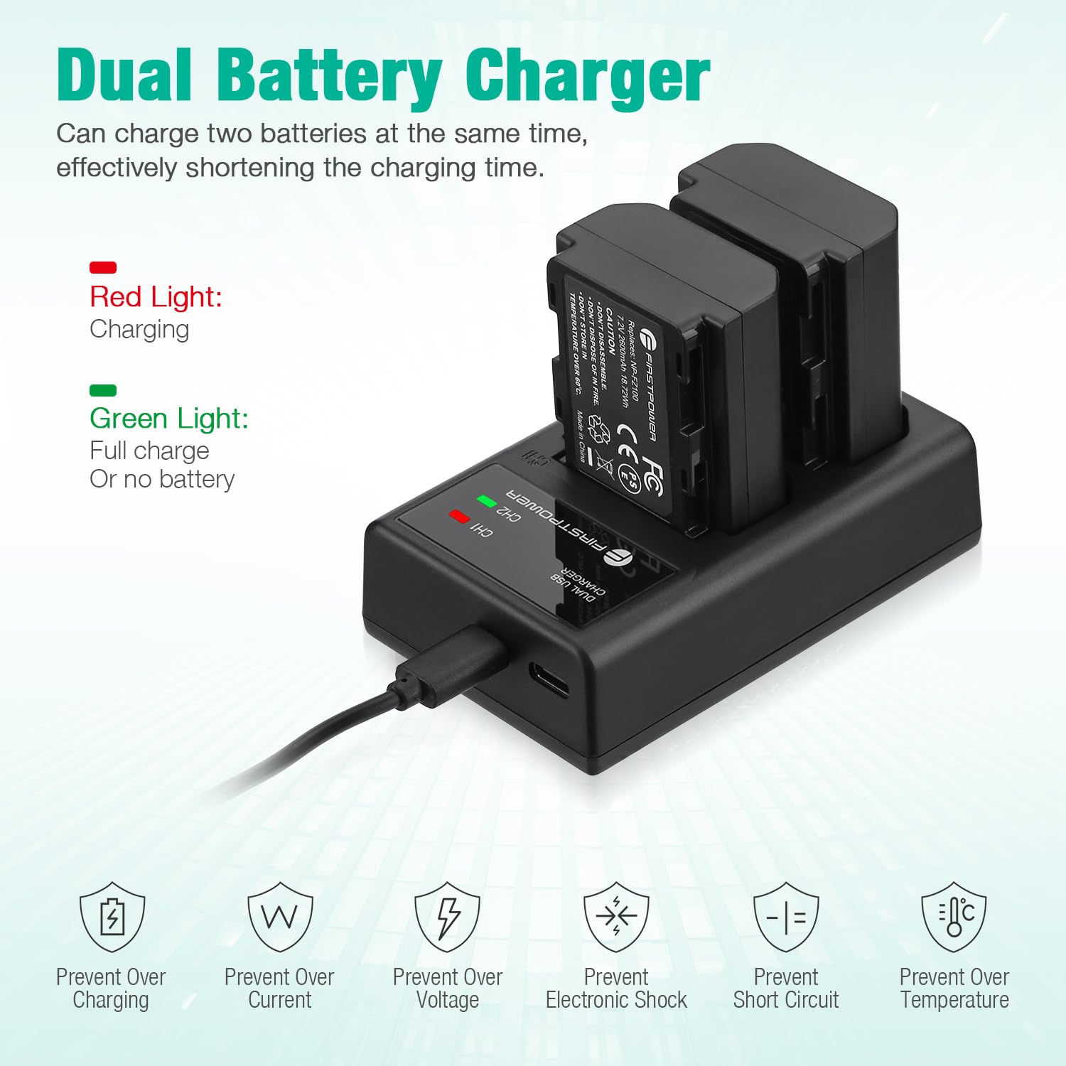 FirstPower NP-FZ100 Battery 2-Pack Dual USB Charger for Sony Alpha A7 III IV R III IV S III C A6600 A1 A9 FX3 FX30 ZV-E1 Cameras Black