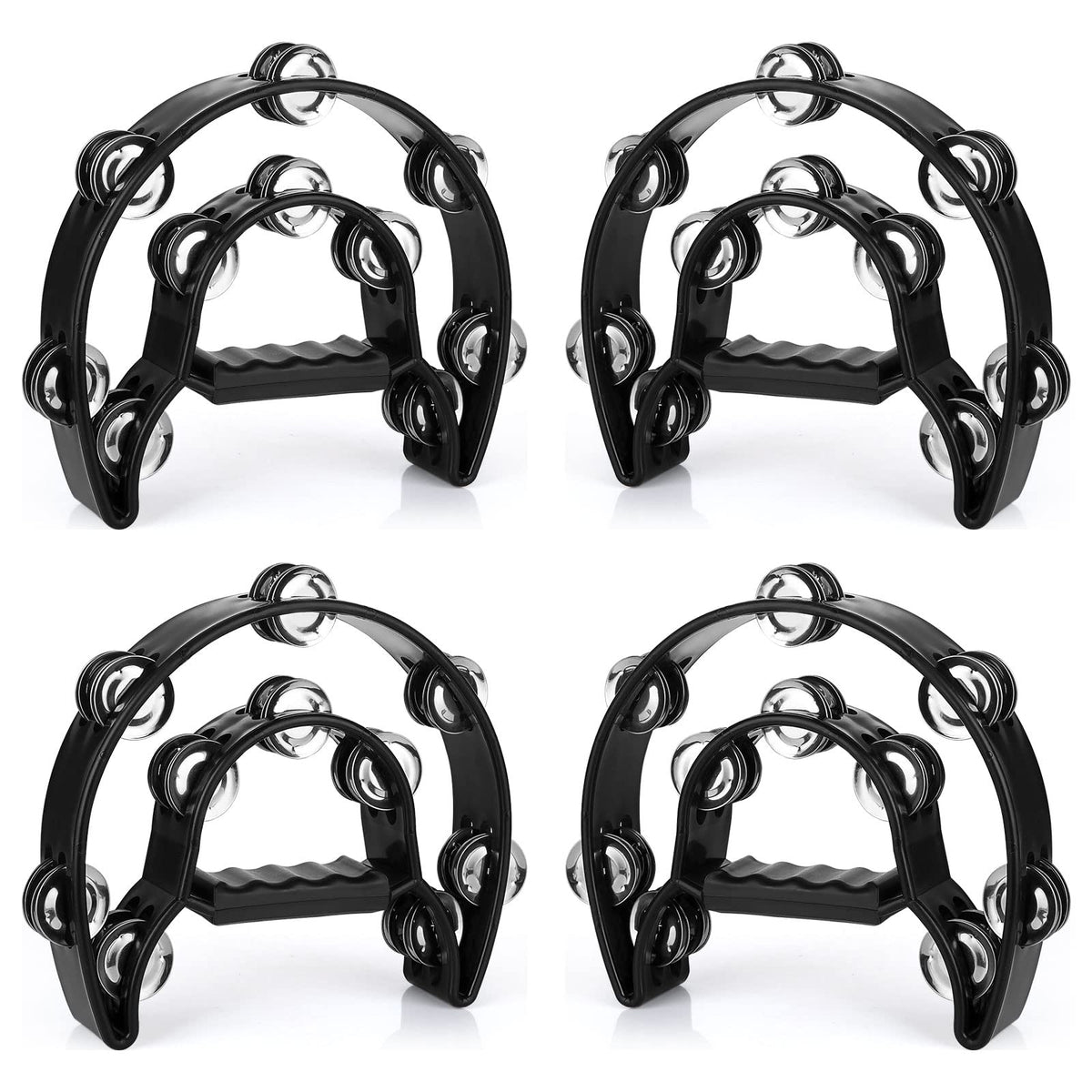 Eoexn 4 Pack 10'' Half Moon Musical Tambourine Black Metal Jingles Hand Held Percussion Drum - Double Row, Plastic Musical Percu