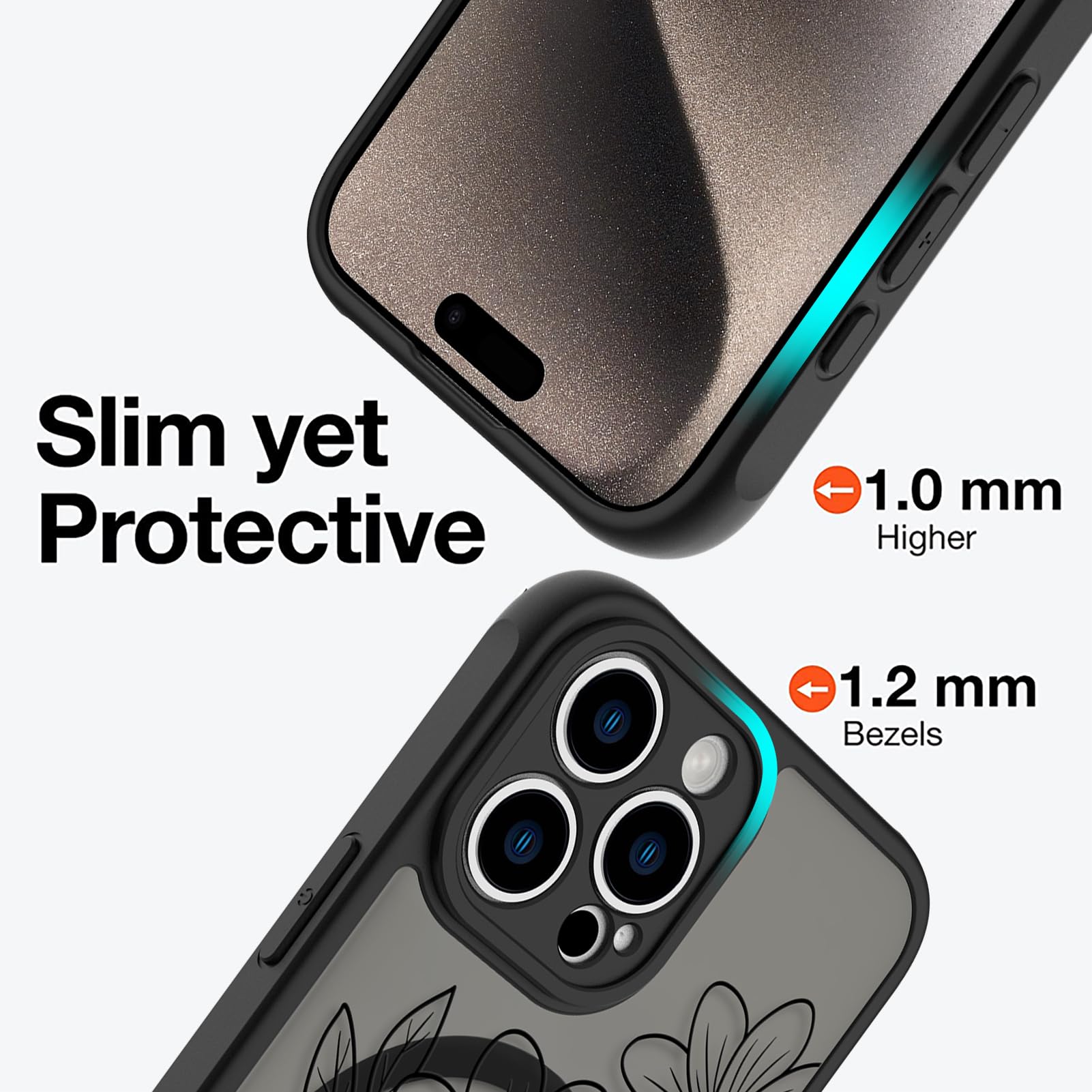 Ook Magnetic For Iphone 15 Pro Max Case Black Flower Sunflower Pattern [Compatible With Magsafe] Slim Translucent Matte Camera L