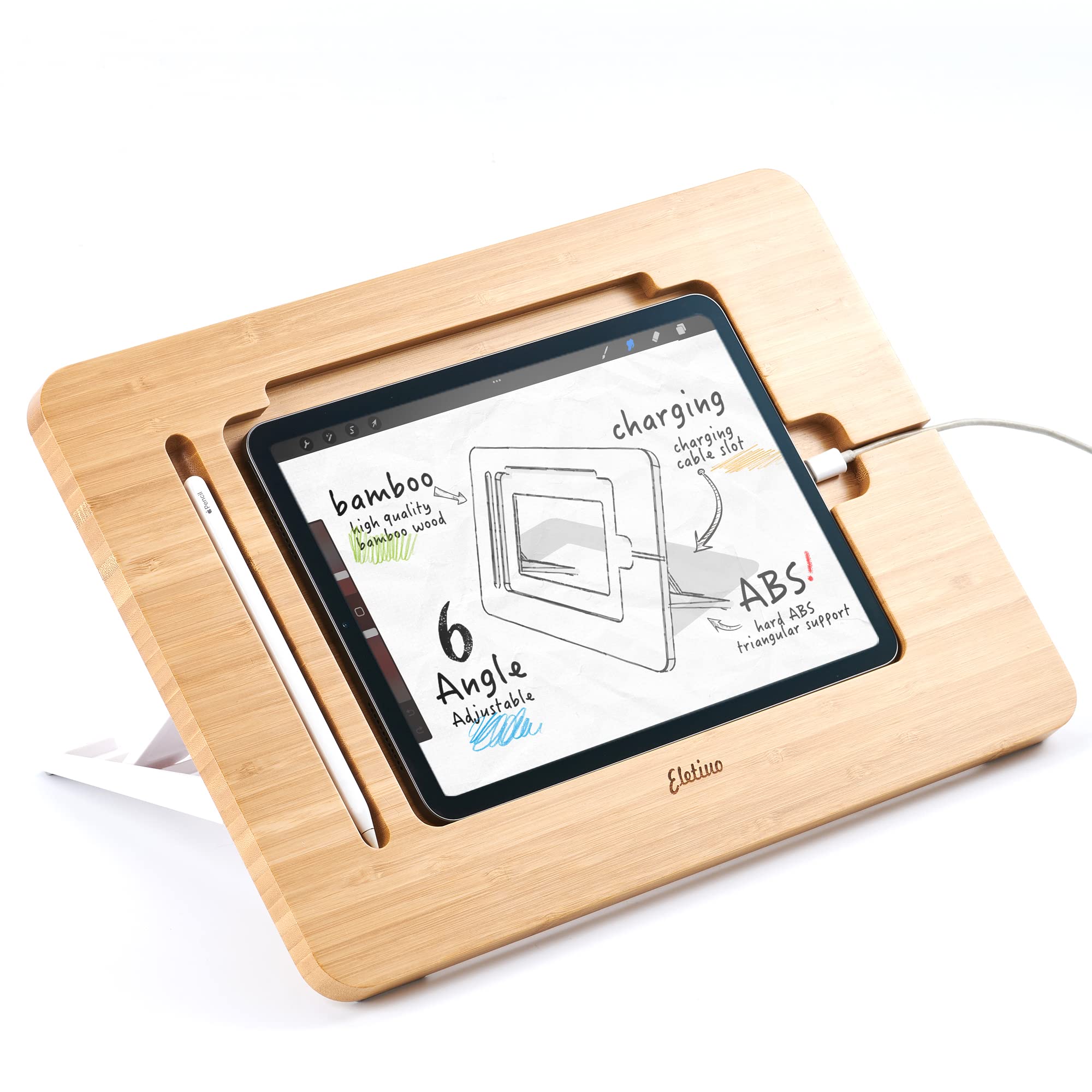 Eletiuo Upgraded Bamboo Wooden Drawing Ipad Holder With Pencil&Charger Cable Slot, Multi Angle Adjustable Tablet Desktop,Foldabl