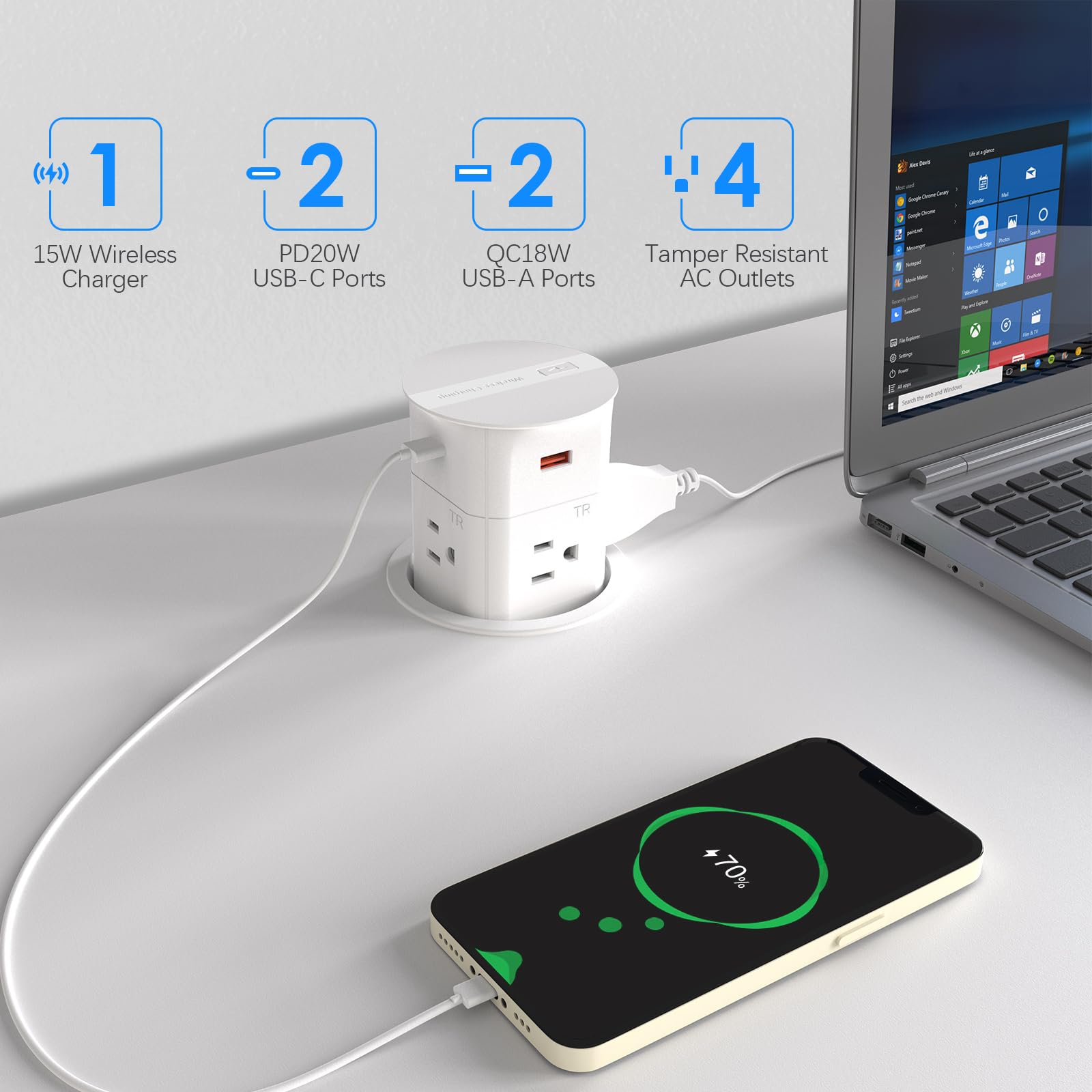 Annquan 3.15'' Pop Up Countertop Outlet With 15W Wireless Charger,Max 20W Power Delivery,800J Surge Protection,Pop Up Electrical