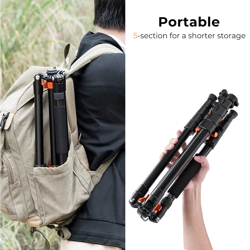 K&F Concept 73 Inch /186Cm Camera Tripod,Transverse Center Column Aluminium Dslr Tripod With 360 Degree Ball Head 10Kg Load Capacity,Quick Release Plate,Detachable Monopod T255A3+Bh 28L