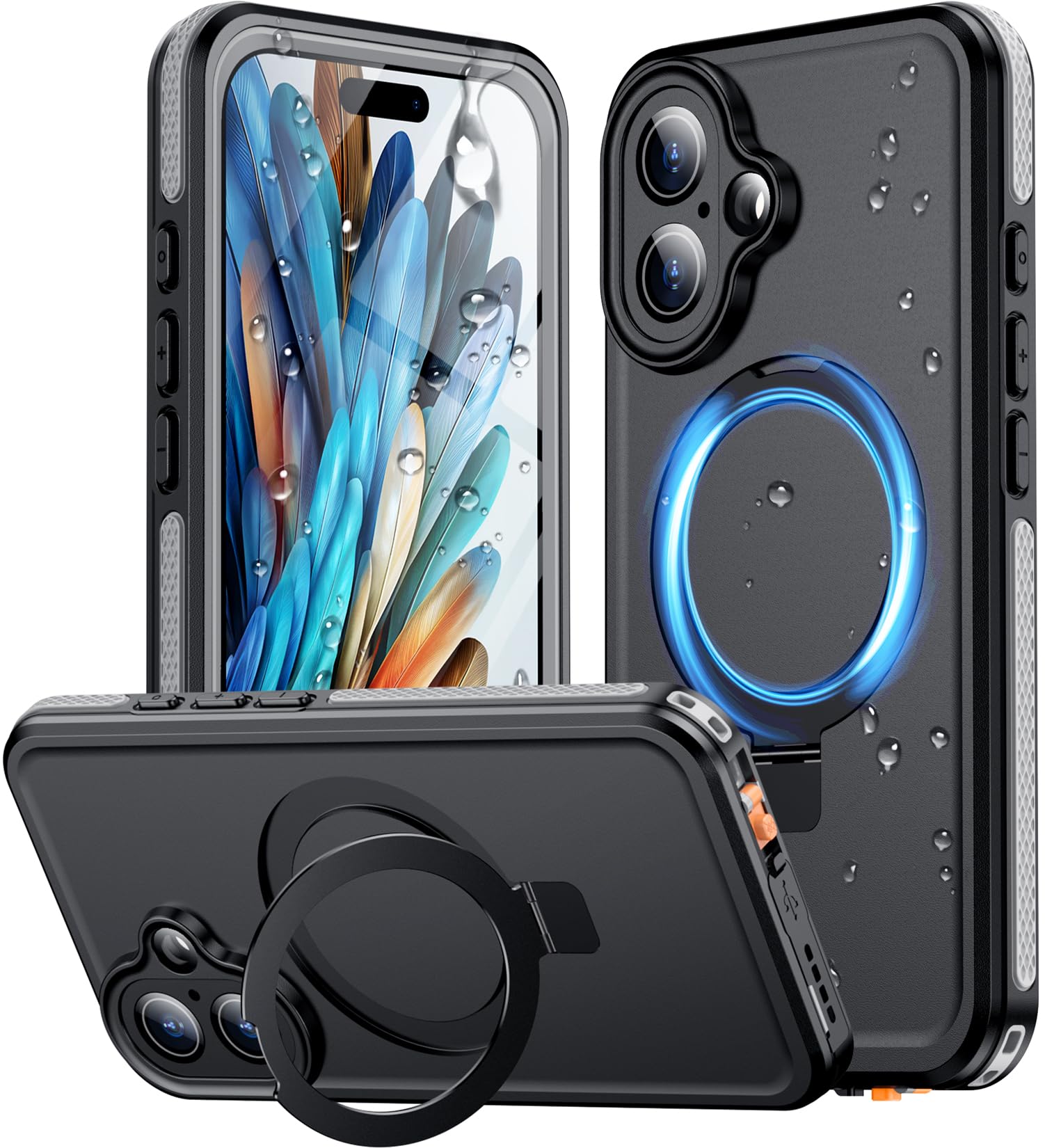 Temdan Magnetic For Iphone 16 Plus Case Waterproof, [Built In Ring Invisible Stand & Screen Protector][Ip68 Underwater][Dropproo
