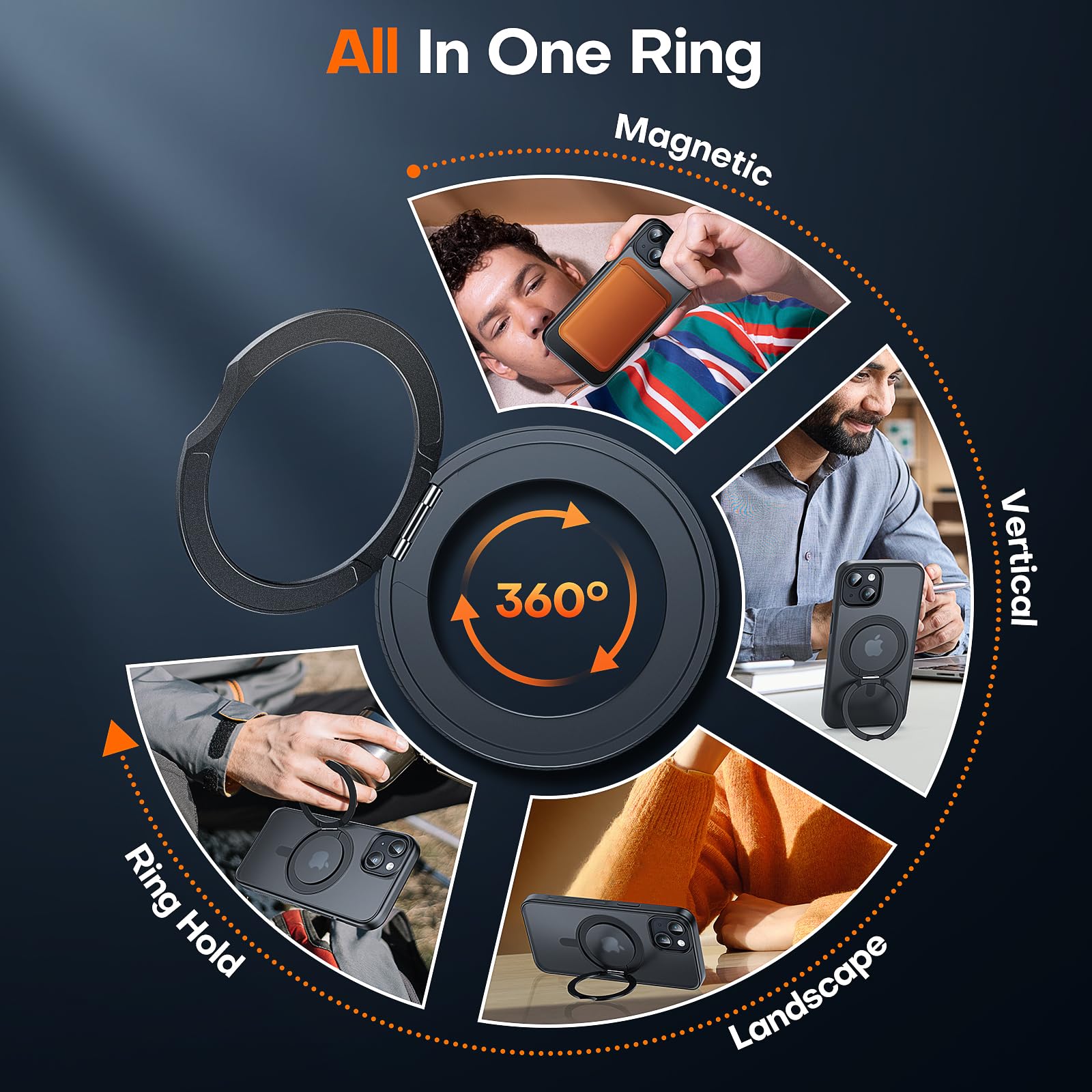 Tauri 360Rotatable Magnetic Ring For Iphone 15 Plus Case Black, [Designed For Magsafe] With Stand & Ring Holder, Translucent Mat