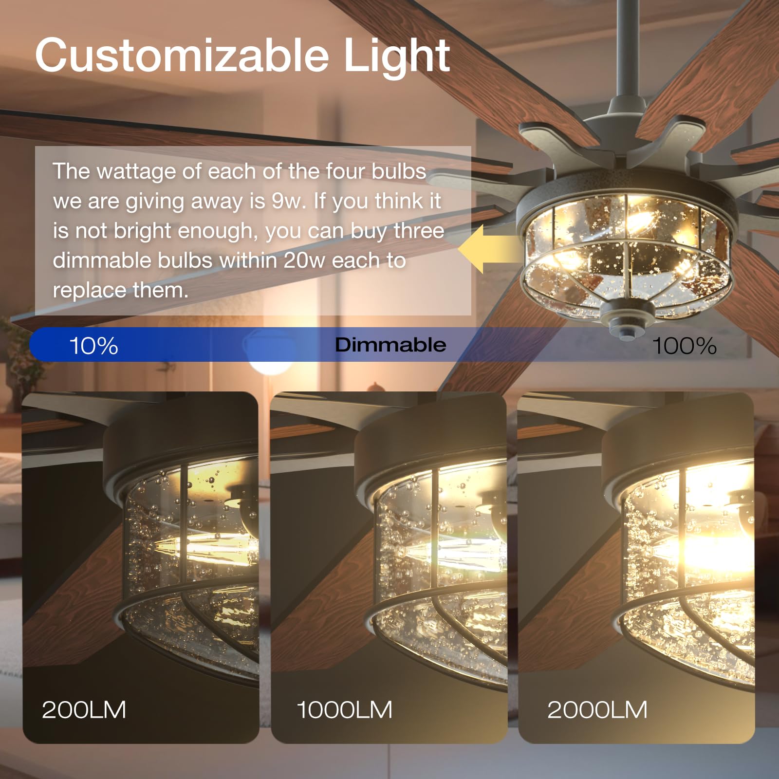 Amico Ceiling Fans With Lights, 72'' Indoor/Outdoor Black Ceiling Fan With Remote Control, Reversible Dc Motor, 8 Blades, 3Cct,