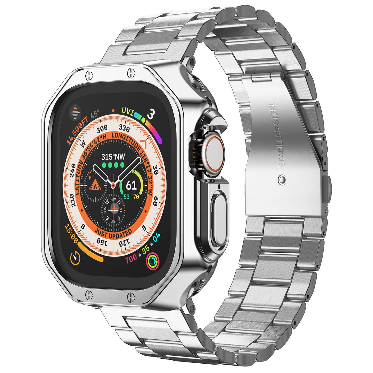 Compatible With Apple Watch Ultra 2 Band And Case, Stainless Steel Metal Chain With Tpu Cover, Smart-Watch Link Bracelet Strap F
