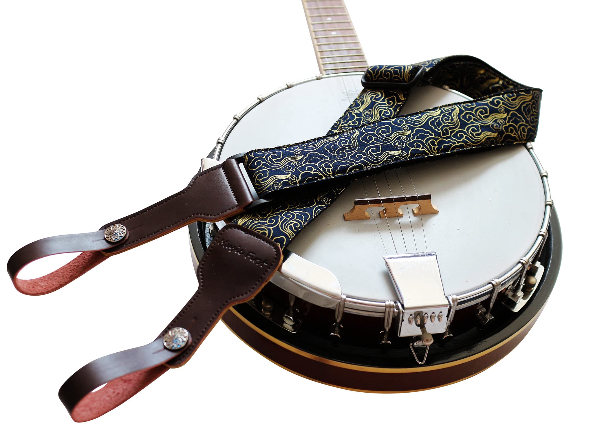 Music First, 2 Inch Width (5Cm), Padded, Vintage Ukiyoe Style''Auspicious Cloud'' Soft Muslin & Genuine Leather Delux Banjo Stra