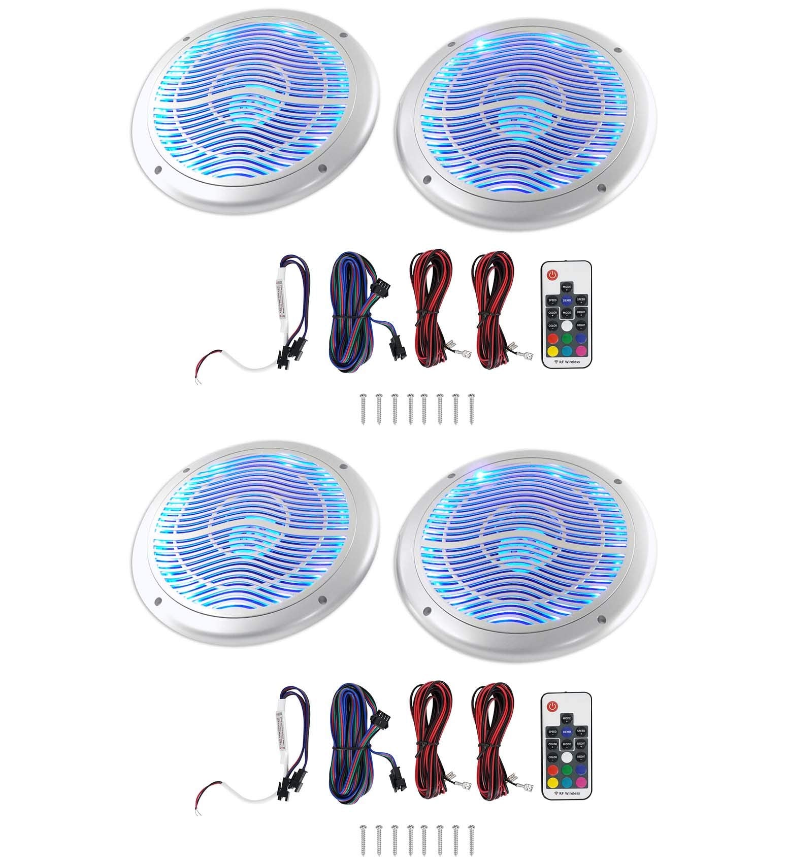 Rockville RMC65LS 6.5 2-Way Silver Marine Speakers, 600W Peak/150W RMS, Multi-Color LED, Remote, Waterproof, for Boats & Outdoor