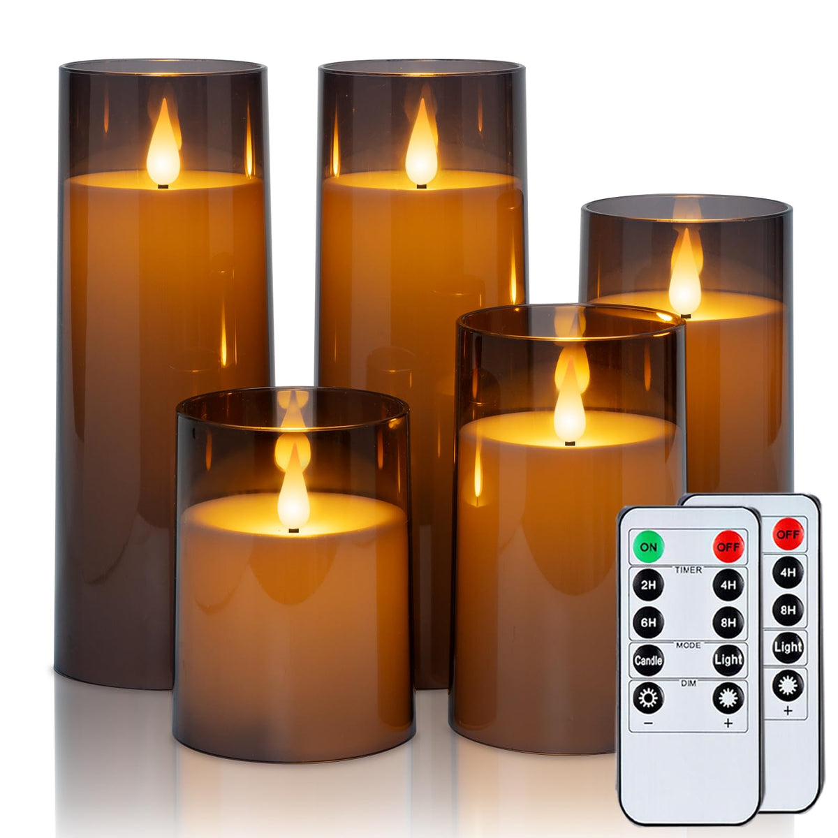 Raycare Grey Flameless Candles With Remote And Timer, 5 Pcs Battery Operated Acrylic Flickering Led Pillar Candles For Romantic 