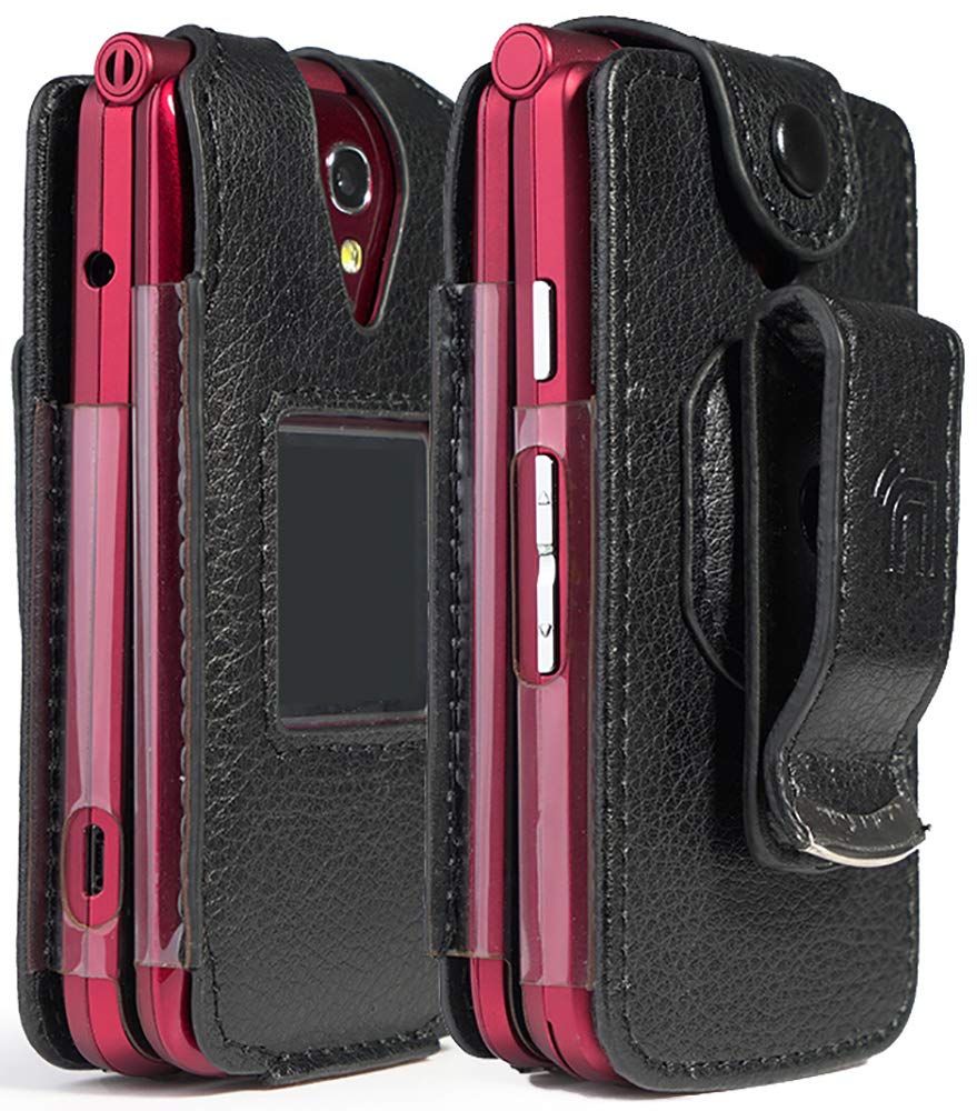Case For Jitterbug Flip Phone, Nakedcellphone [Black Vegan Leather] Form-Fit Cover With [Built-In Screen Protection] And [Metal 