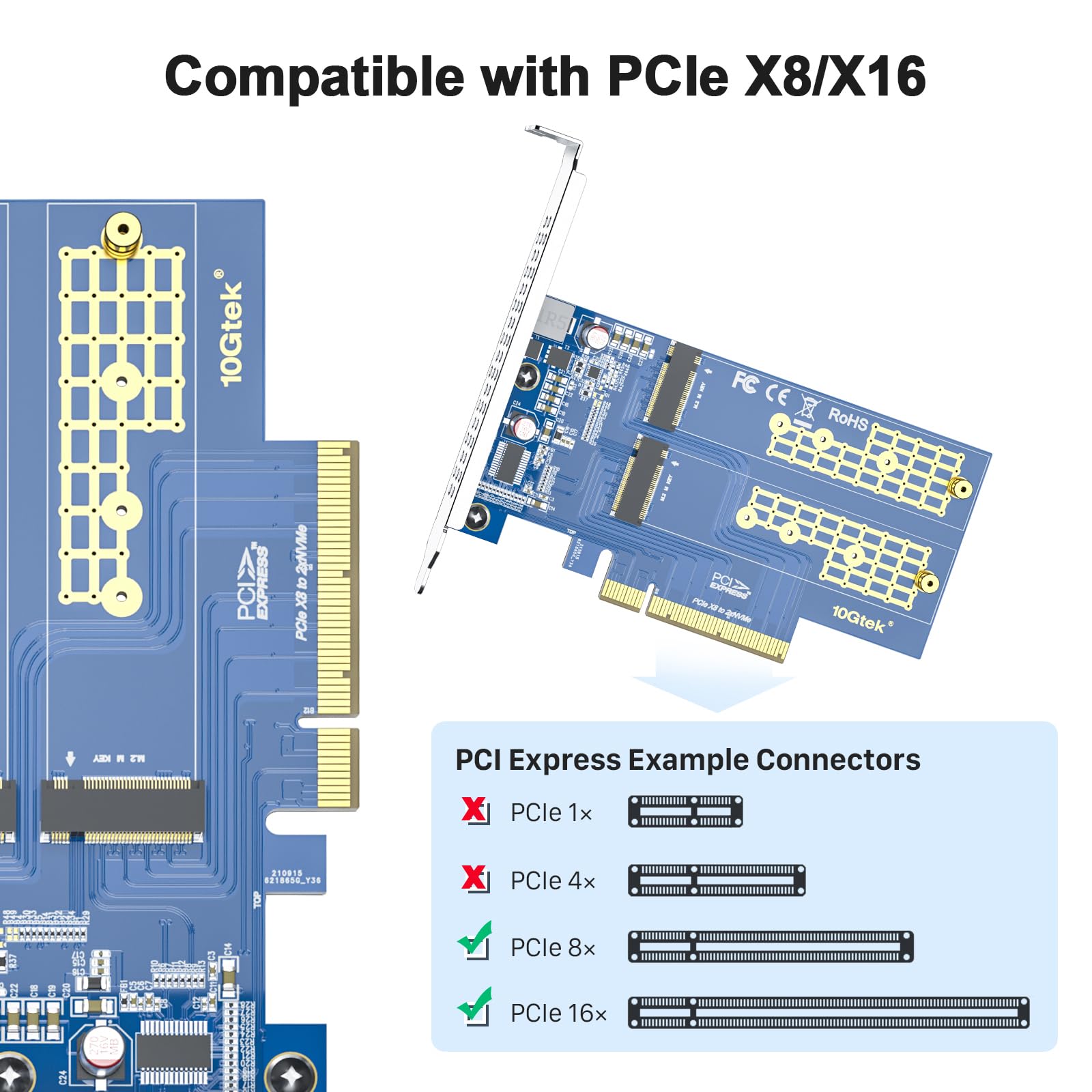 10Gtek 2 Port M.2 Nvme Adapter M Key, Pcie X8 Gen3. Requires Motherboard Bios Support For Bifurcation
