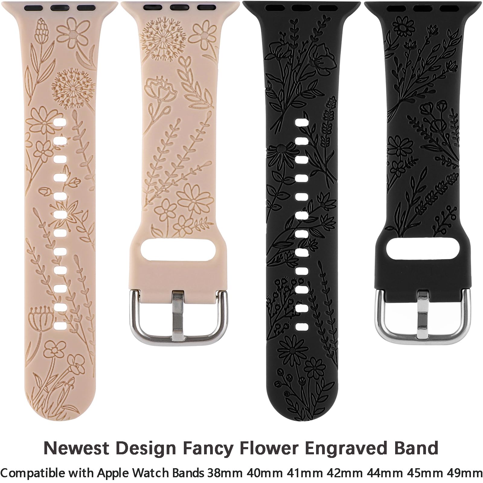 Flower Engraved Silicone Band Compatible With Apple Watch Bands 38Mm 40Mm 41Mm, Cute Women Wildflowers Floral Design Soft Sport