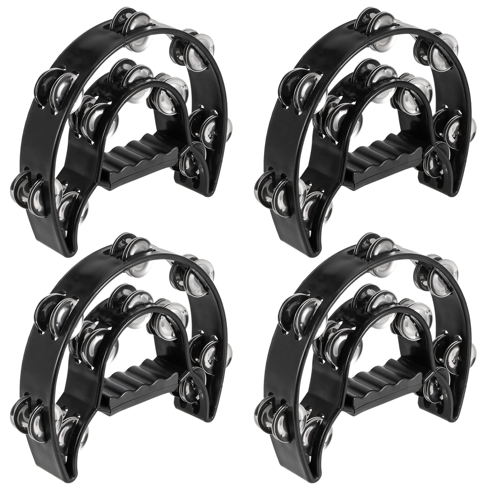 SINJEUN 4 Pack 10 Inch Black Double Row Tambourine, Half Moon Musical Tambourine, Metal Jingles Hand Held Percussion with Ergono