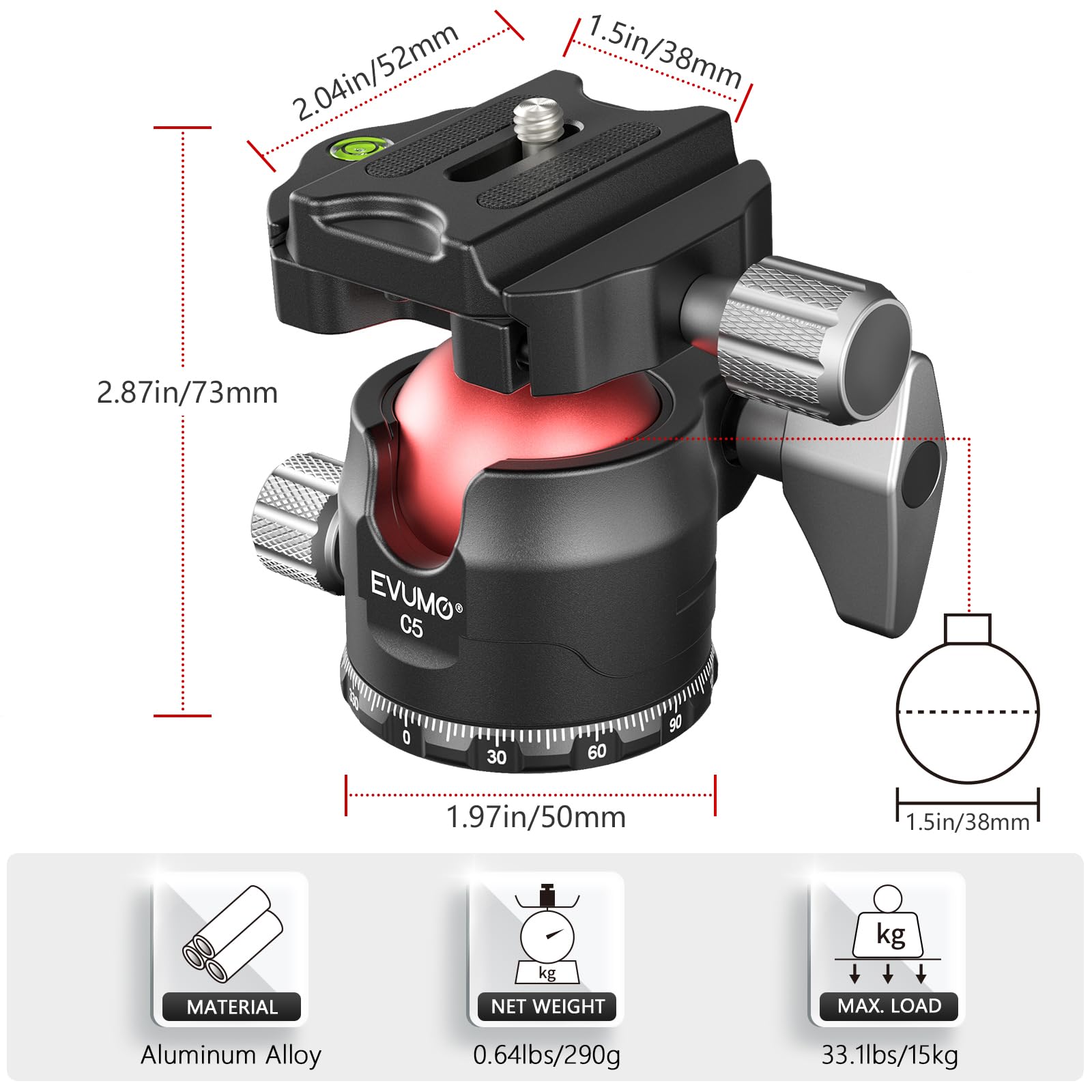 EVUMO C5 38MM Tripod Ball Head - 360° Panoramic Mount, Arca Type Quick Release, Max Load 33lbs, Black