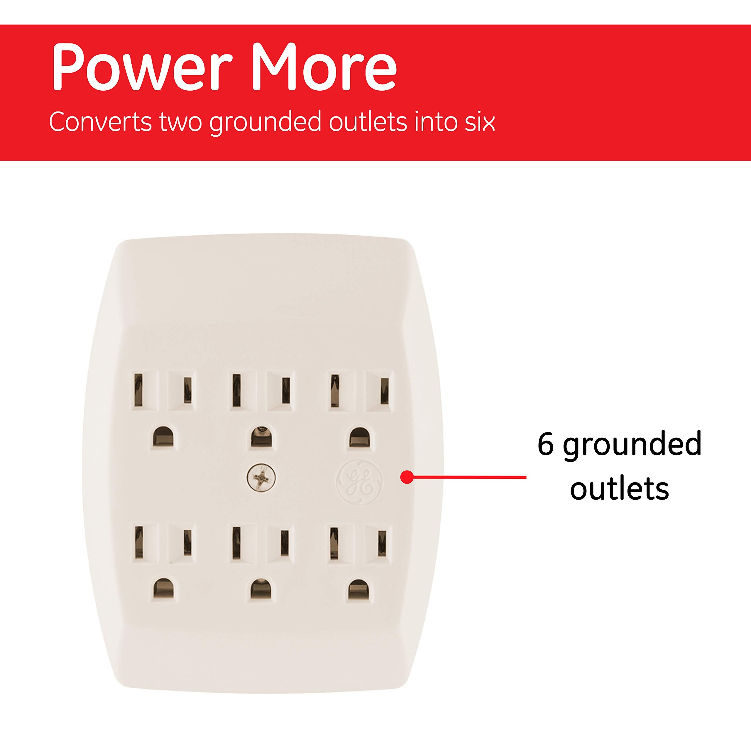 Ge 6 Outlet Extender Wall Tap, Grounded Adapter, Charging Station, 3 Prong, Secure Install, Ul Listed, Light Almond, 54946