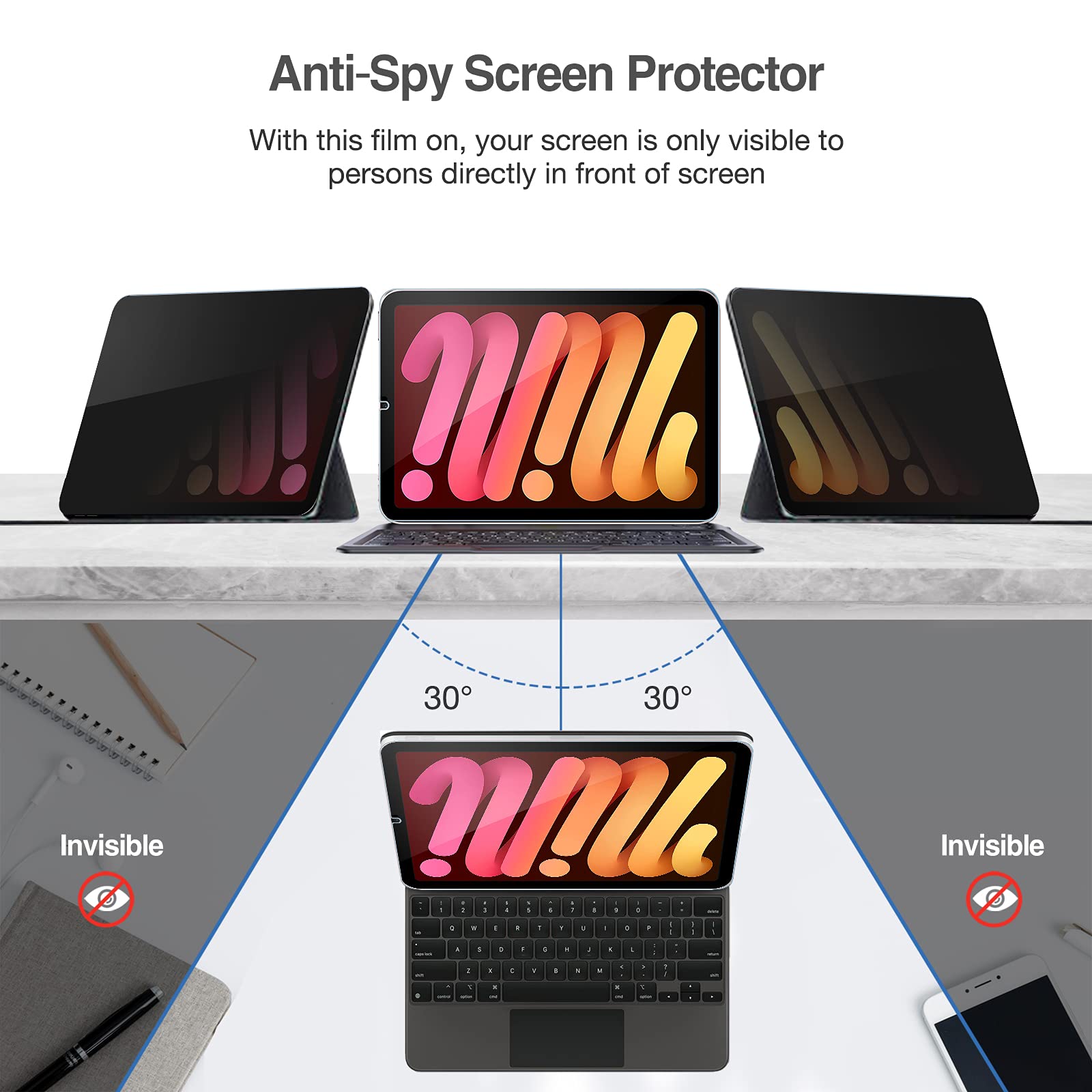 Procase Privacy Screen Protector For Ipad Mini 7Th(A17 Pro) 2024 / Mini 6Th Generation 8.3' 2021, Anti Spy Tempered Glass Film Guard For Ipad Mini 7 6 8.3 Inch  1 Pack