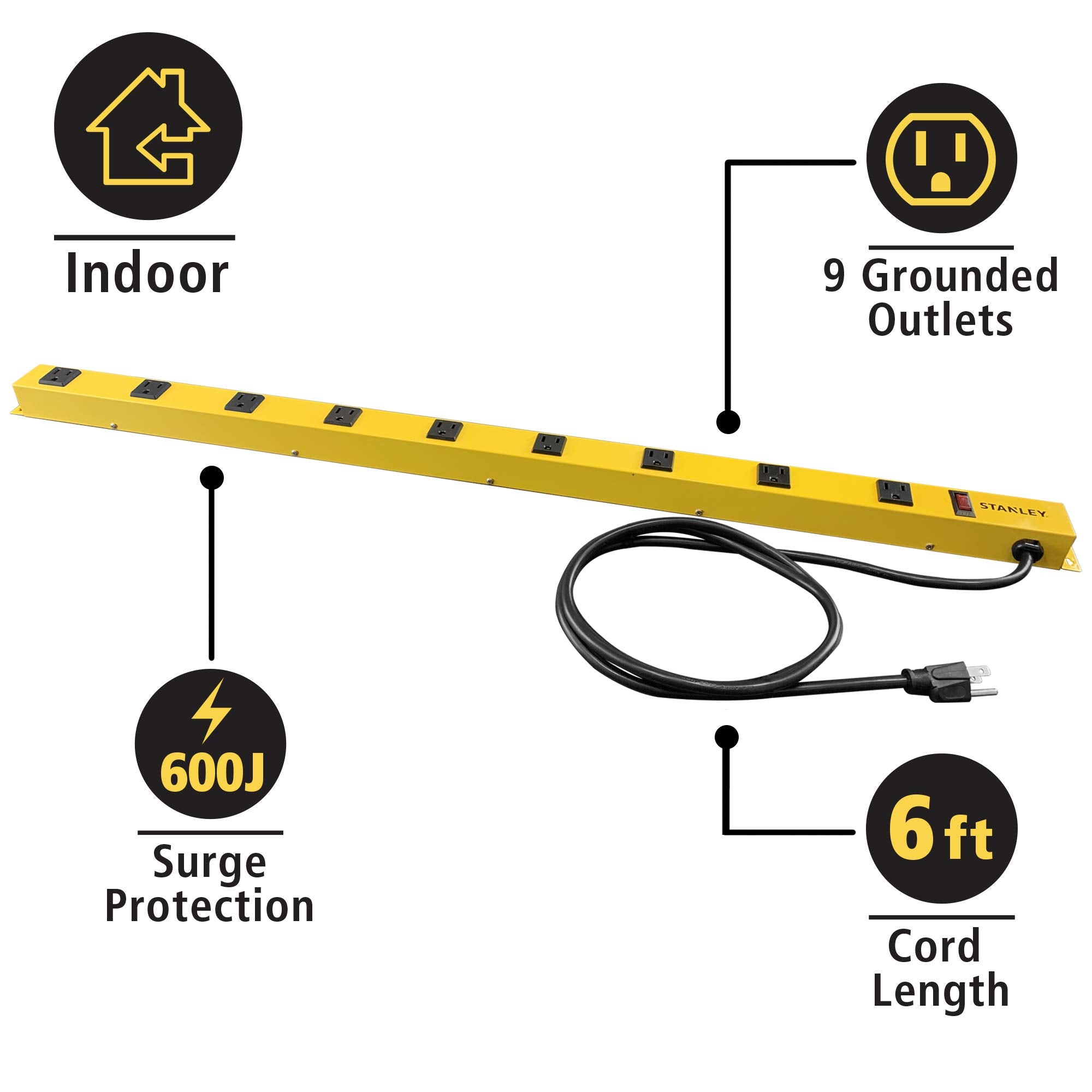 Stanley 31615 Ncc31615 Shopmax Pro 9 Outlet Surge Protector Power Bar, 6 Foot Cord, Yellow
