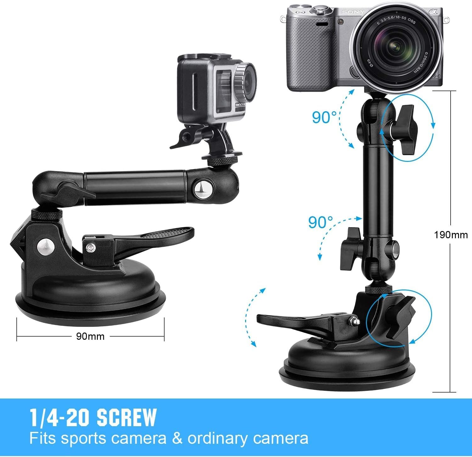 Heavy Duty F100Mm Suction Cup W/Adjustable 2-Ball-Head Action Camera Dash Cam Phone Car Mount Vehicle Windshield Holder For Ipho
