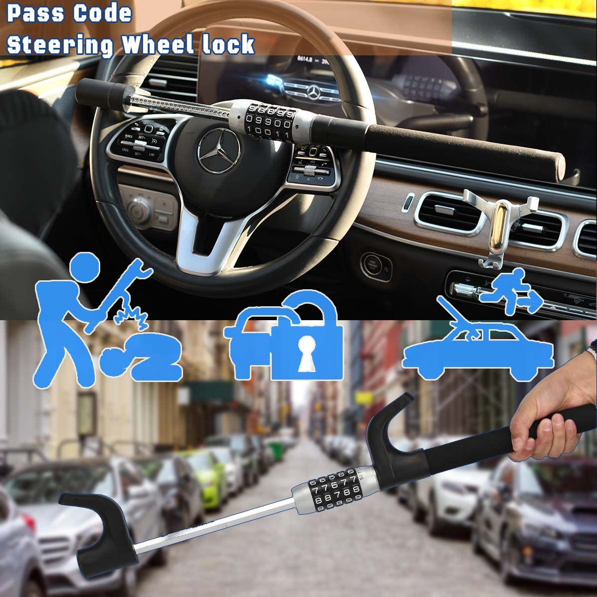 Yufanya Steering Wheel Lock,Heavy Duty Keyless Password Anti Theft Car Device,Retractable Double Hook Secruity Lock Theft Preven