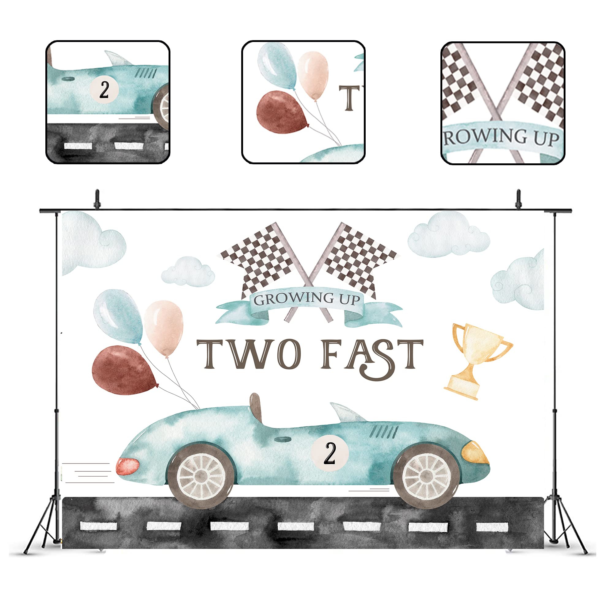 Glawry Two Fast 2Nd Birthday Backdrop For Photography 5Wx3H Feet Boys Kids Boho Watercolor Race Car Cartoon Balloons Cup Cool Cl